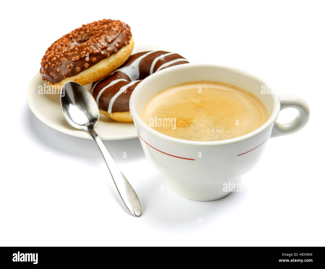 Krapfen und Kaffee isoliert auf weiss Stockfoto