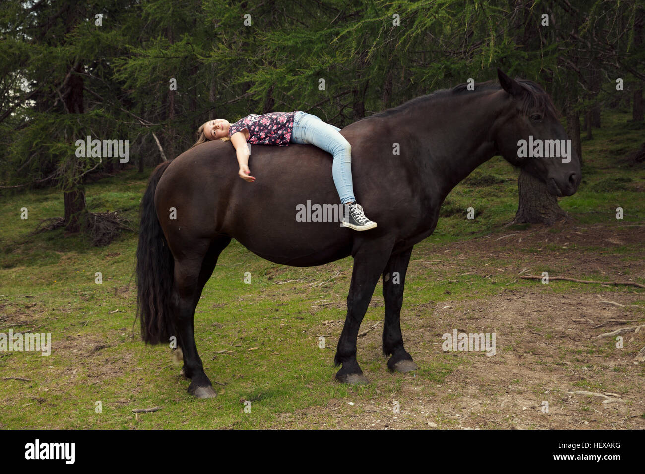 Mädchen liegend ohne Sattel auf Pferd im Waldlichtung, Sattelbergalm, Tirol, Österreich Stockfoto