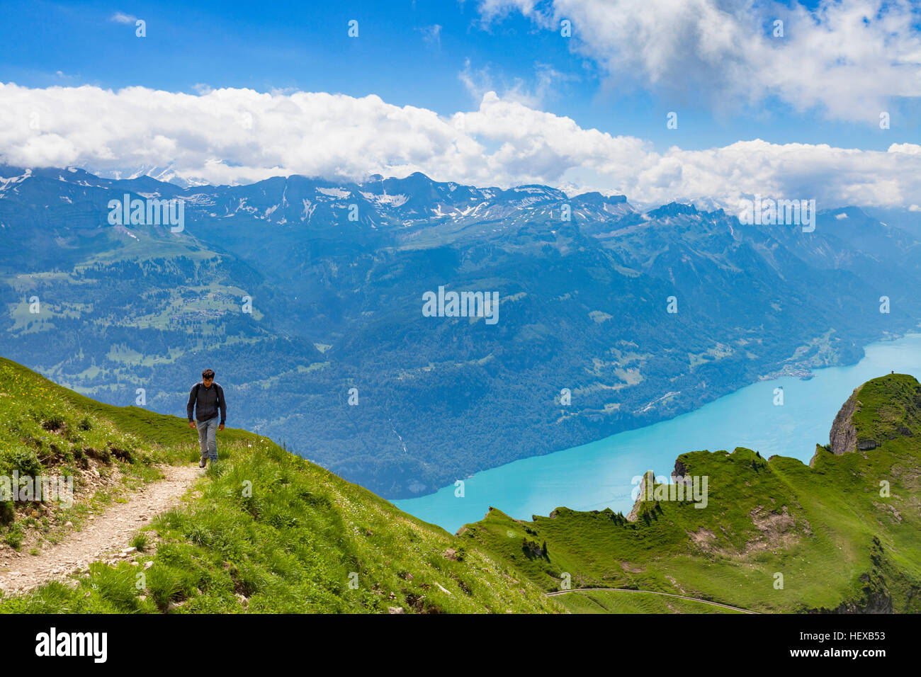 Mann auf Bergpfad, Brienzer Rothorn, Berner Oberland, Schweiz Stockfoto