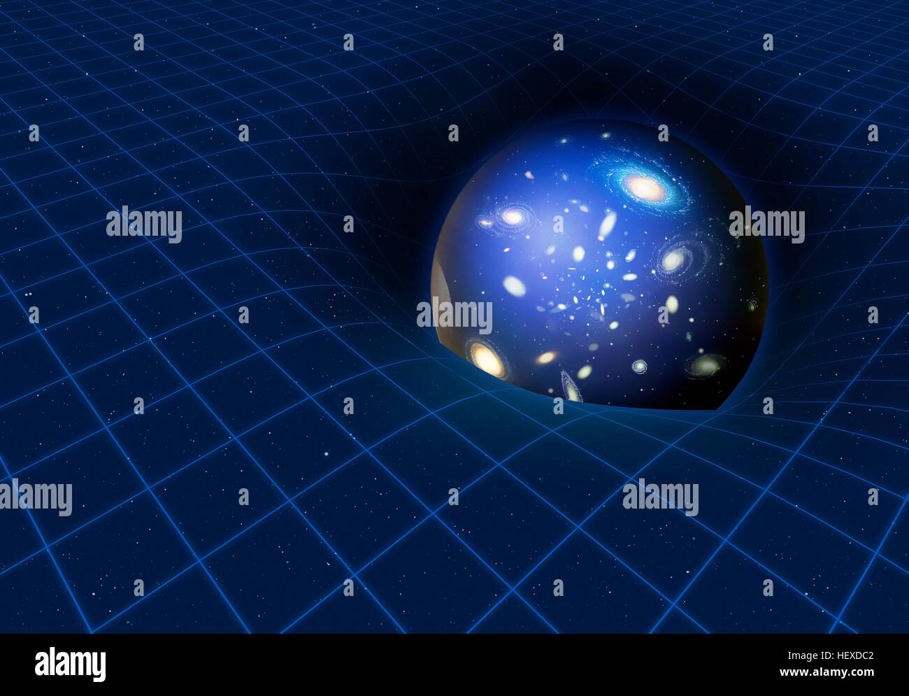Ein Bild zeigt, wie ein schwarzes Loch Raumzeit in der Nähe verzieht. Stockfoto