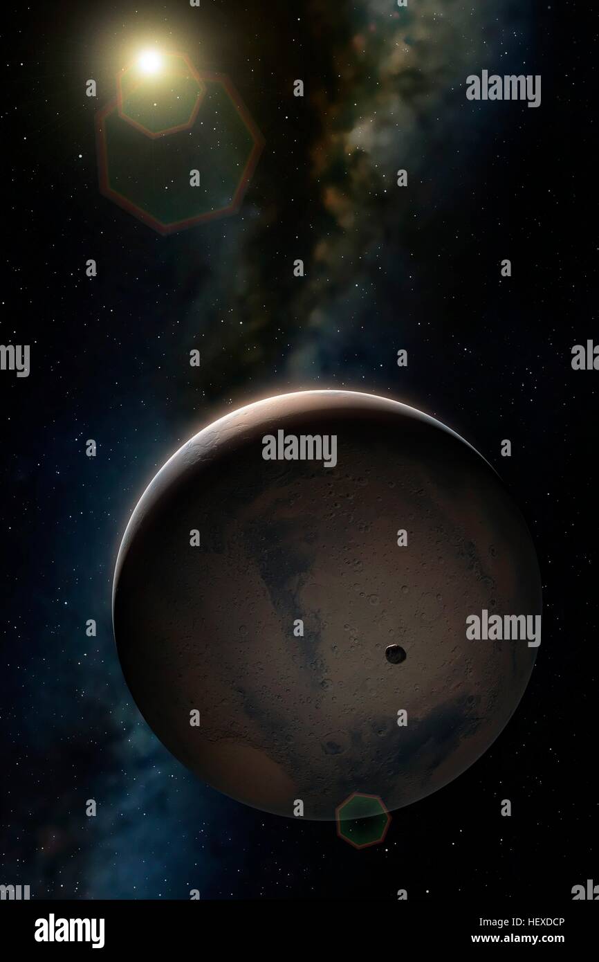 Mars und Phobos. Darstellung der Planeten Mars und Phobos, einer seiner Monde, aus dem Orbit gesehen. Phobos ist unregelmäßig geformt, 19 von 21 von 27 Kilometern zu messen. Er umkreist 9400 Kilometer über Mars, nehmen knapp 7,6 Stunden eine Umlaufbahn. Mars, der vierte Planet von der Sonne ist eine trockene Wüste Welt eine dünne Atmosphäre aus Kohlendioxid. Es hat einen Durchmesser von rund 6800 km. Stockfoto