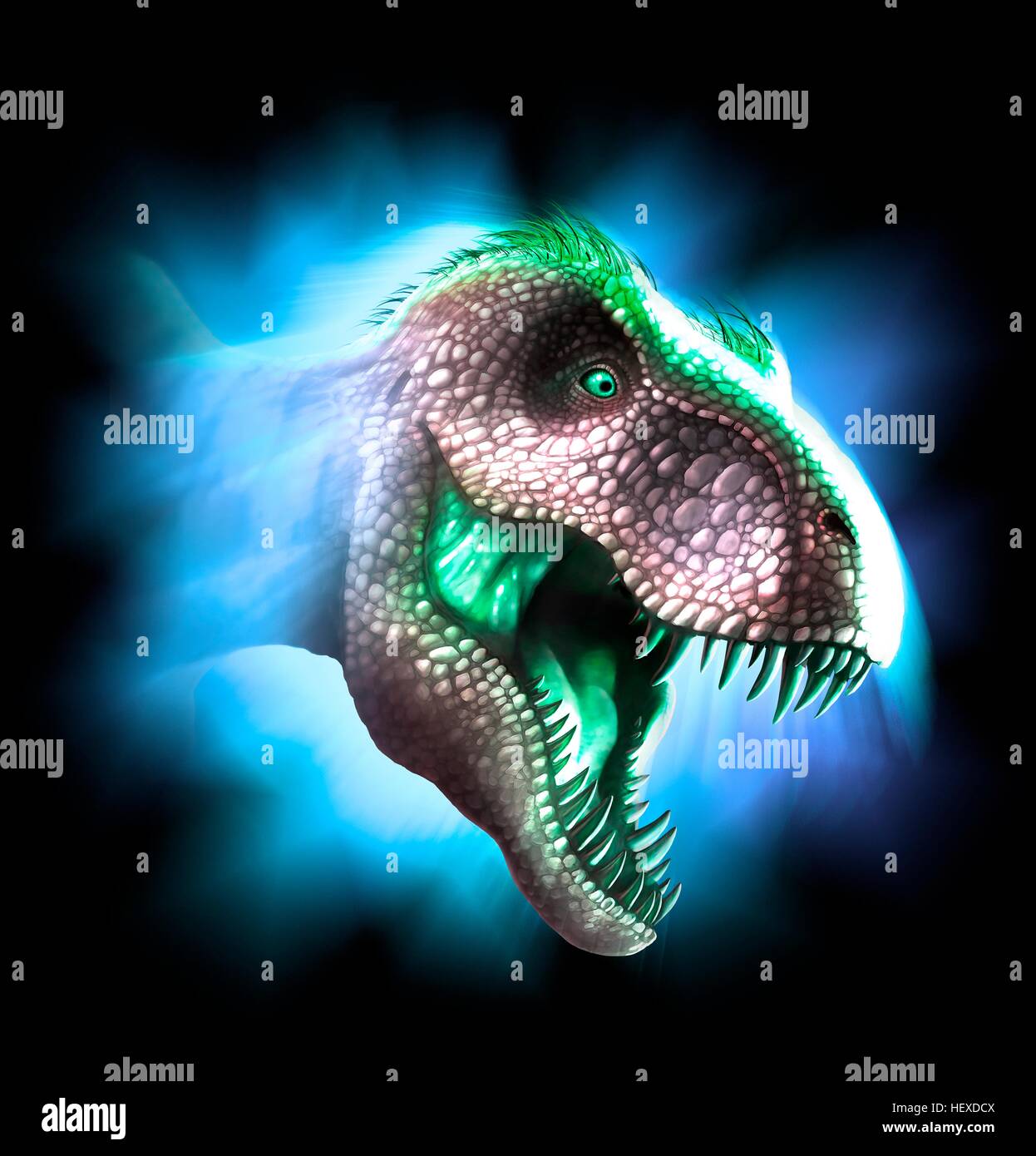 Tyrannosaurus Rex-Kunstwerk. Dieser Dinosaurier lebten vor etwa 70 Millionen Jahren bis zum Aussterben der Dinosaurier etwa 5 Millionen Jahre später in Nordamerika und Asien. Der Kopf ist stark gebaut, um Auswirkungen mit Beutetieren, zu widerstehen und hat die scharfe Zähne ein Raubtier. T. wird Rex gedacht, um eine Schnitzeljagd sowie ein Jäger gewesen sein. Unter den größten fleischfressenden Dinosaurier T. Rex war bis zu 6 Meter hoch und wog mehr als 7 Tonnen. Stockfoto