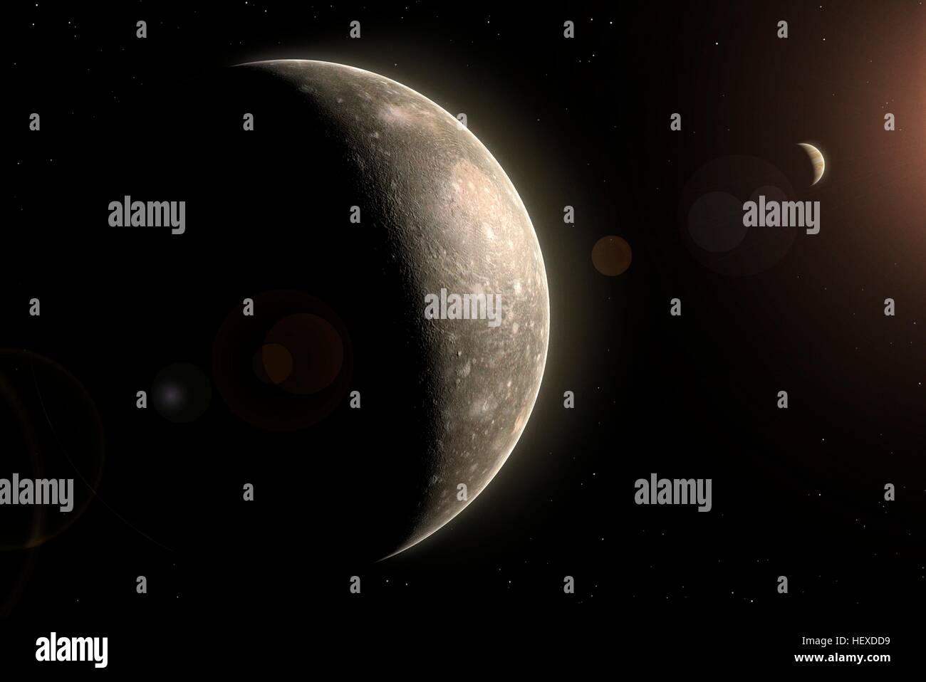 Callisto ist eines der vier Galileischen Monde des Jupiter, und die am weitesten vom Planeten. Seine Oberfläche ist sehr stark verkratert im bekannten Sonnensystem. Jupiter zeigt sich auch in dieser Szene im Hintergrund. Stockfoto