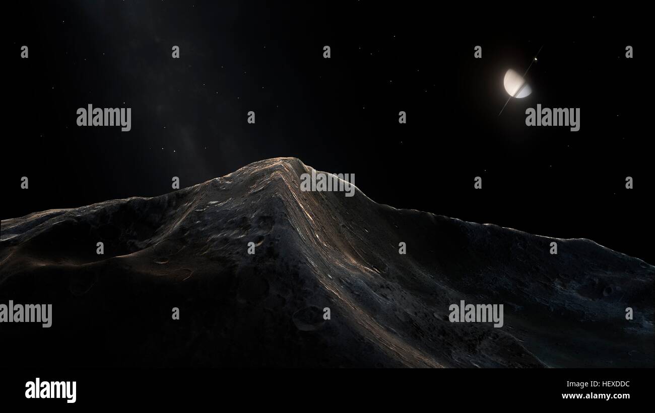 Saturn von seinem Mond Iapetus. Iapetus ist einer der Monde des Saturn. Iapetus umkreist in etwas mehr als 3,5 Millionen Kilometer vom Saturn, 79 Tage um einen Orbit zu vervollständigen. Es ist ungewöhnlich, dass ein Gesicht dunkel und das andere Licht ist. Seine führenden Gesicht wird gedacht, um in dunklen Material aus dem Weltraum abgeholt abgedeckt werden. Das nachgestellte Gesicht ist mit hellen Wassereis bedeckt. Merkwürdig ist auch eine seltsame erhöhte Grat, der ein Großteil der Weg um den Mond Äquator etwas wie eine Walnuss läuft. In dieser Ansicht suchen entlang des Grates, wir mit Saturn am Himmel und ein weiterer Mond Titan, knapp darüber. Stockfoto