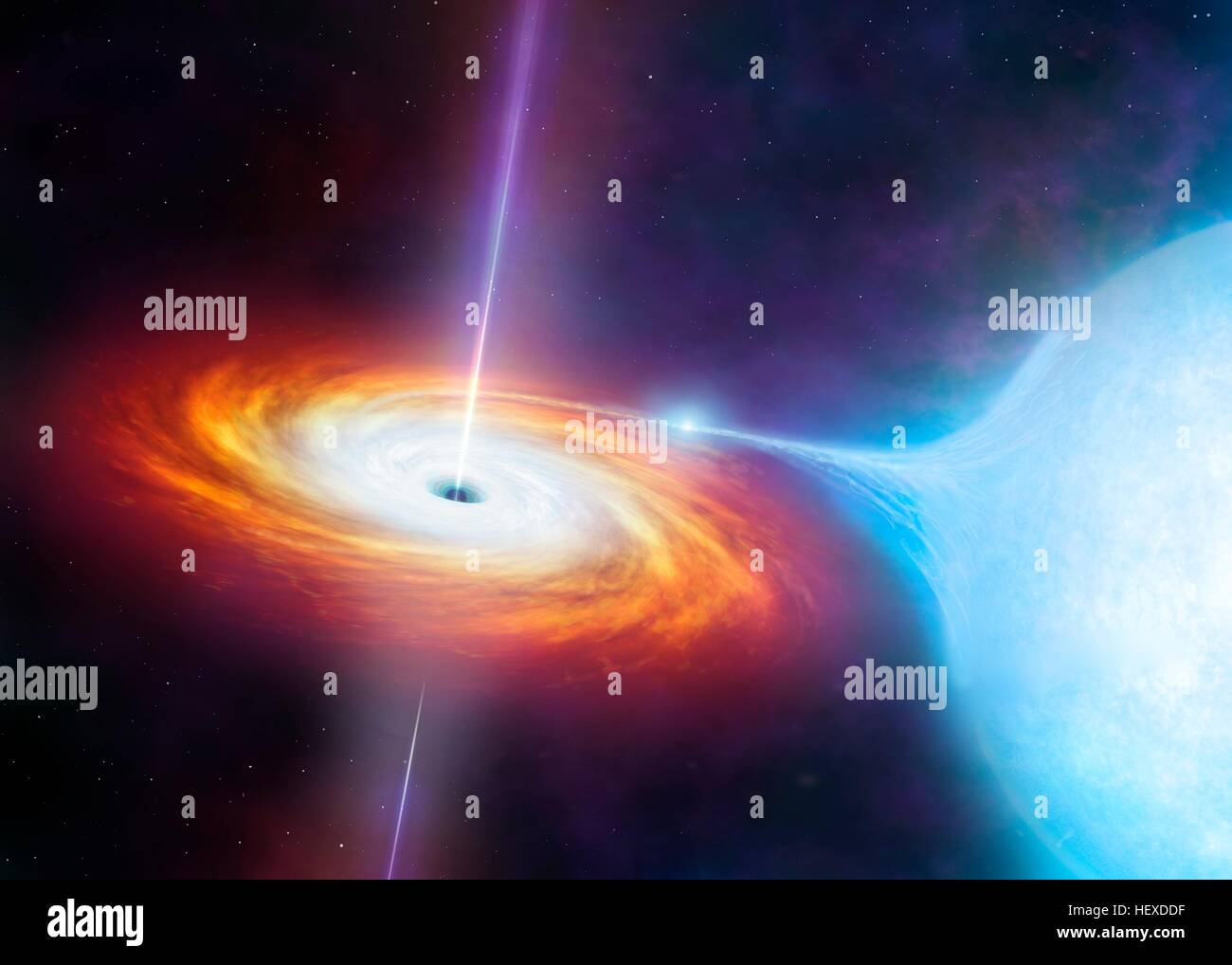 Künstlerische Darstellung der eine Röntgen-Binärdatei. Diese Doppelsternsystemen umfassen einen kompakten Stern (schwarzes Loch oder Neutronenstern) der im Orbit über einen größeren Begleiter (in diesem Fall, ein blauer Riese). Der kompakte Stern verzerrt die Begleiter und Gas aus der Atmosphäre zieht. Das Gas wirbelt um das kompakte Objekt eine Akkretionsscheibe bildet. Partikel-Düsen werden manchmal vom Zentrum von dieser CD, machen die Systeme oberflächlich ähnlich viel größer und ganz anders Quasare emittiert. Stockfoto