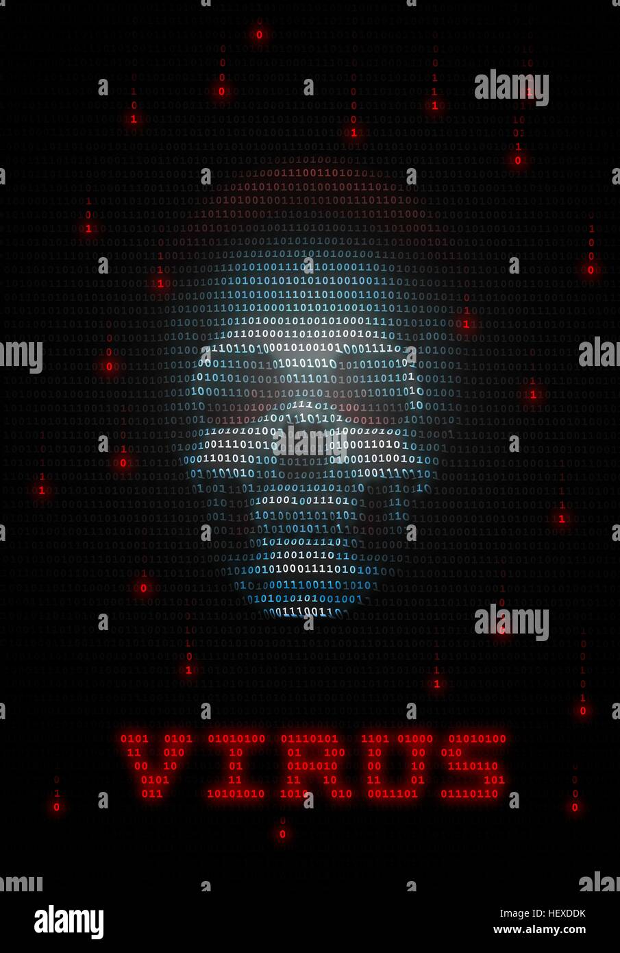 Computer-Virus, Konzeptbild. Computerviren sind Programme, die schädliche Anweisungen durchführen und sich auf andere Computer kopieren können. In diesem Bild stellt ein Schädels einen digitalen Virus oder Trojaner auf einem Computer. Die umliegenden Zahlen sind die Einsen und Nullen der Binär-Code. Stockfoto