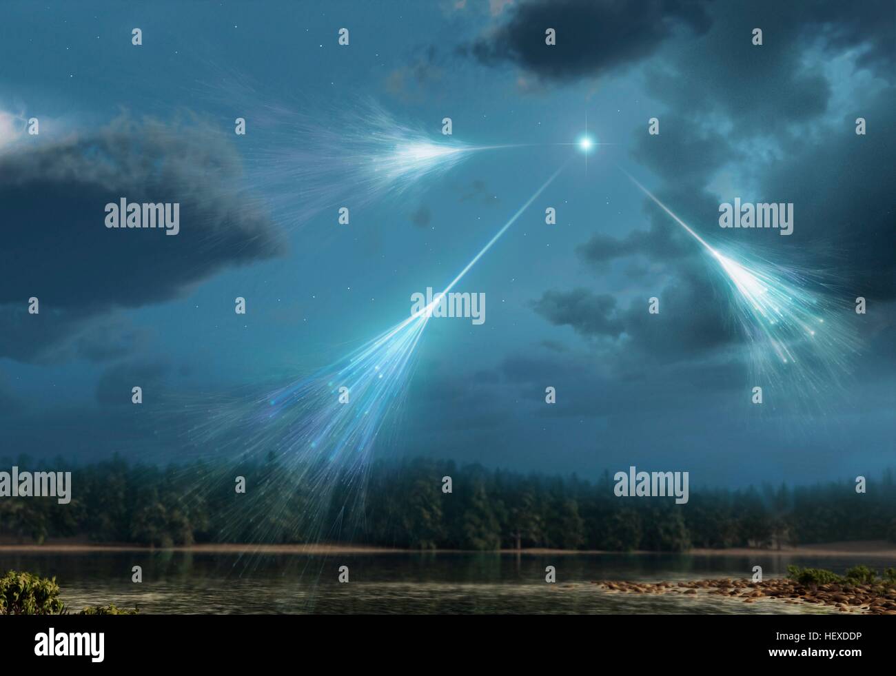 Kosmische Strahlung. Artwork von hochenergetischen Teilchen Strahlung von Stern im Deep Space (kosmische Strahlung) Auswirkungen auf die Moleküle Atome in der Erdatmosphäre. Diese primären Auswirkungen verursachen sekundäre Kaskade von subatomaren Teilchen. Erkennung-Analyse dieser Teilchen, die Protonen, Neutronen, leichten Kernen, Neutrinos, Pionen und Myonen umfassen, kann Quelle der kosmischen Strahlung zeigen. Diese Quellen sind Gamma Ray Bursts (GRBs), aktive galaktische Kerne, Supernovae Quasare. Solche Forschung ist durchgeführt, atmosphärische Ballons oder erweiterte Detektoren gebaut, unterirdisch oder unter Wasser, um sie von anderen Strahlung abzuschirmen. Stockfoto