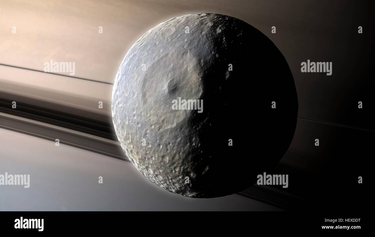 Eindruck des Gas riesigen Planeten Saturn, mit den Ringen gesehen Rand auf. Sonnenlicht gefiltert durch die Ringe hat die unteren Hemisphäre eine Nuance von blau, ein Effekt gebeizt, die zuerst von der Cassini-Sonde fotografiert wurde. Die innersten und kleinsten der wichtigsten Monde Mimas, erscheint vor dem Planeten, von seinem großen Krater Herschel dominiert. Stockfoto