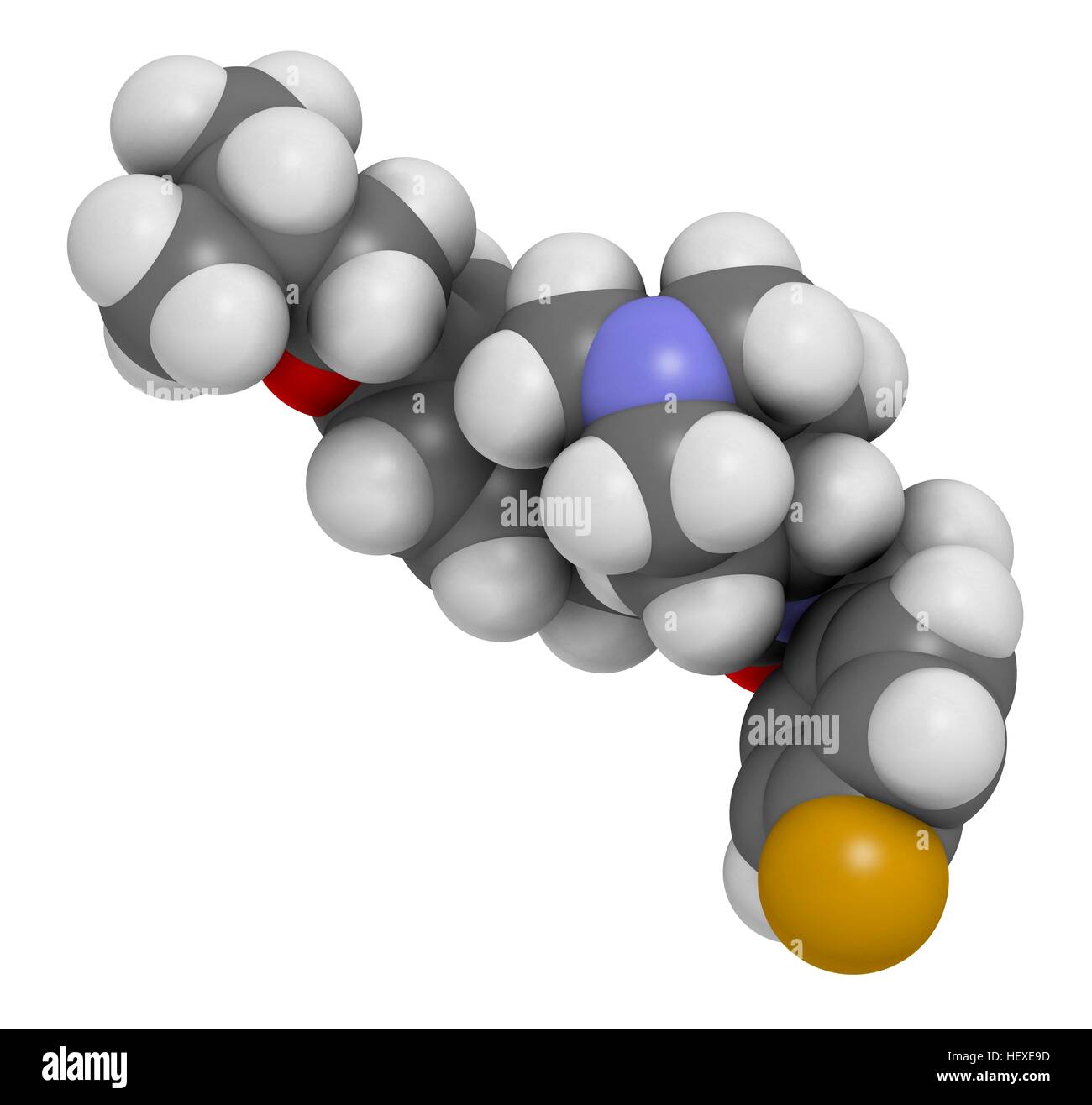 Pimavanserin atypischen antipsychotischen Medikamentenmolekül, Computer Bild. Atome werden als Kugeln mit konventionellen Farbkodierung dargestellt: Wasserstoff (weiß), Kohlenstoff (grau), Stickstoff (blau), Sauerstoff (rot), Fluor (Gold). Stockfoto