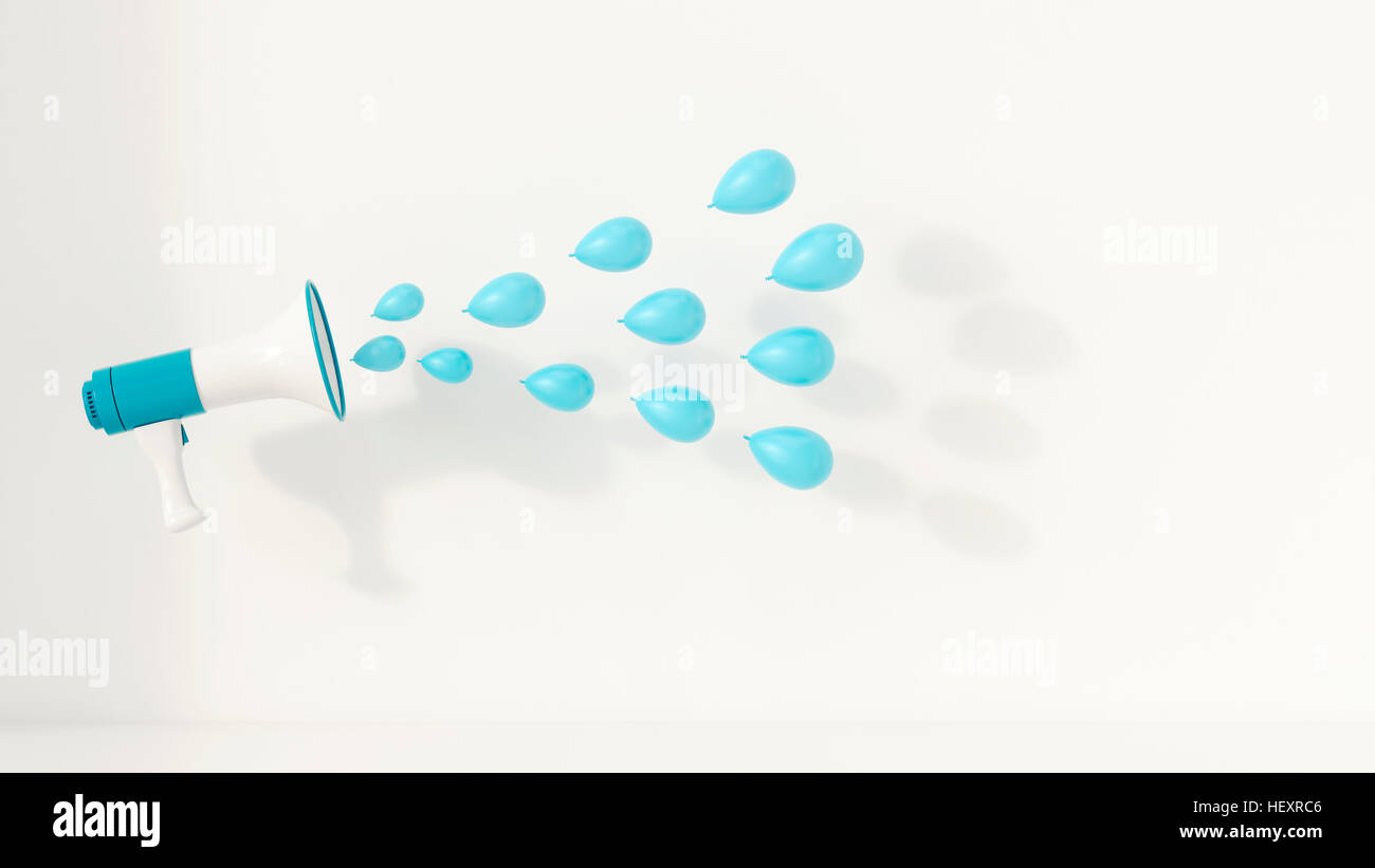 Megaphon mit blauen Ballons als Schallwellen, 3D-Rendering Stockfoto