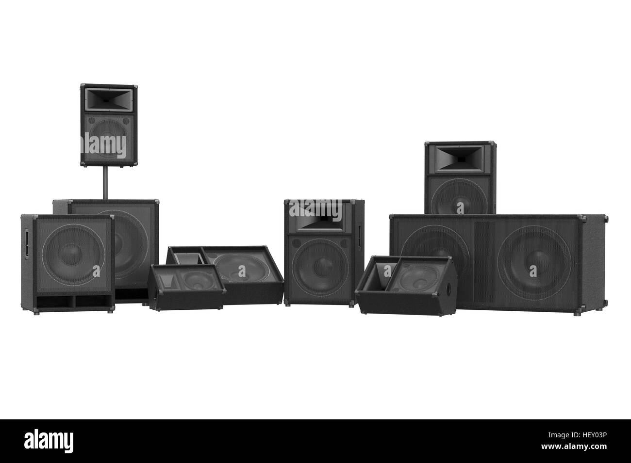 Lautsprecher audio lauter schwarze Tieftöner elektronische, front Ansicht. 3D-Rendering Stockfoto
