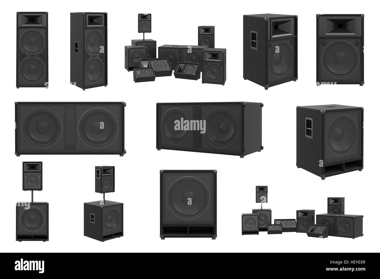 Lautsprecher lauter Audiosystem modernes Schwarz Soundsystem Satz. 3D-Rendering Stockfoto