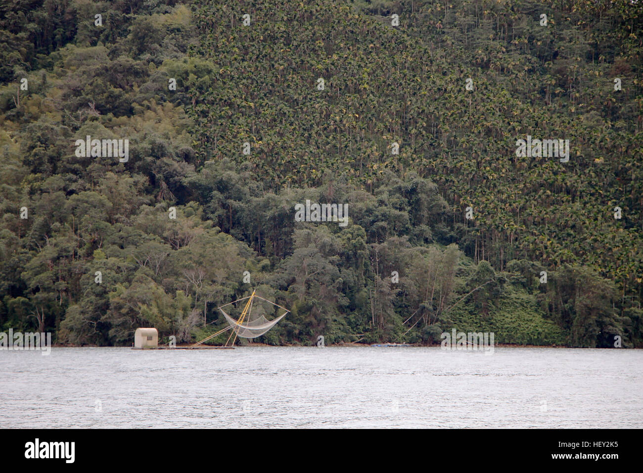 Fischernetz am Ufer des Sees mit Betelnuss-Farm im Hintergrund. Stockfoto