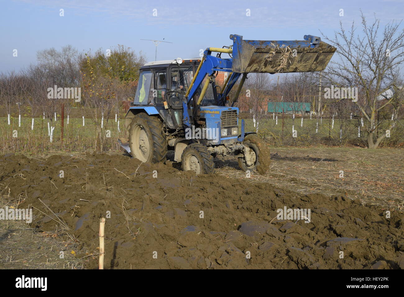 Traktor, Garten Pflügen. Pflügen den Boden im Garten Stockfotografie