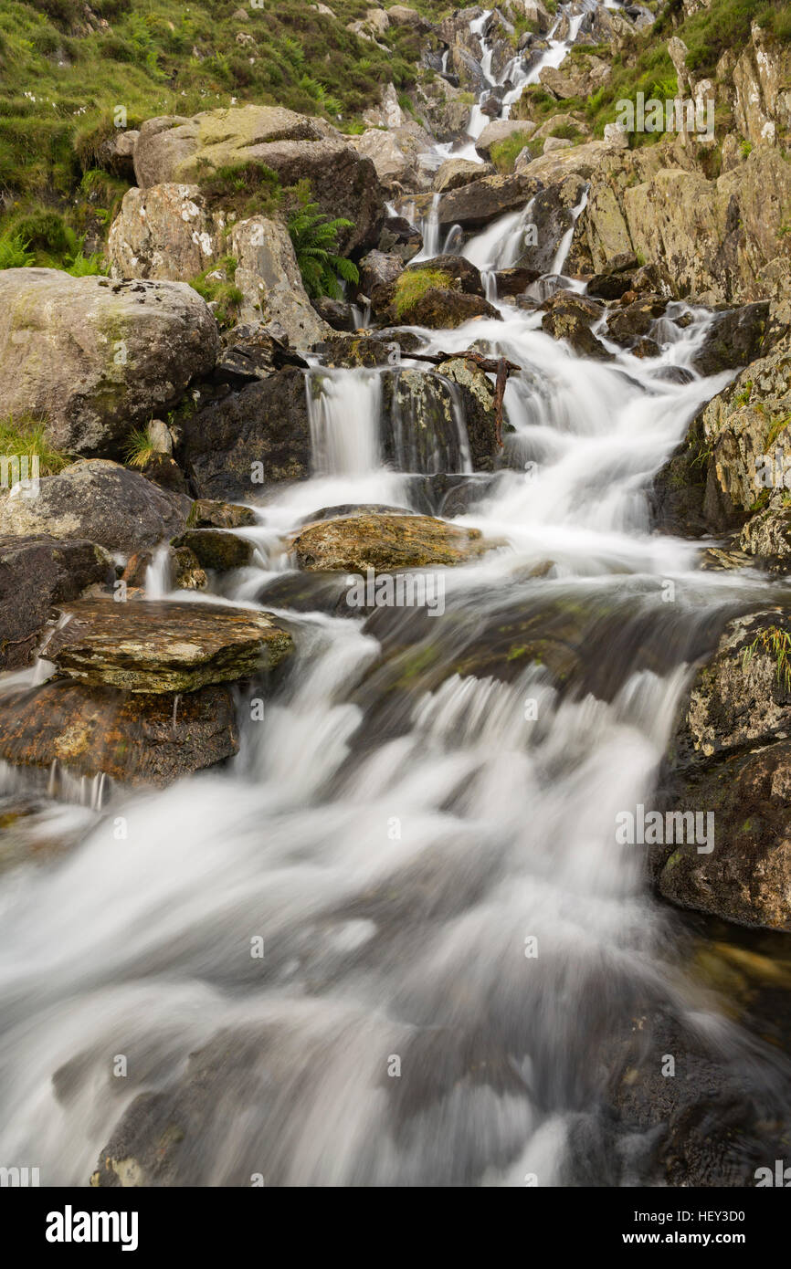 Ein Wasserfall entlang Nant Bochlwyd fließt von Llyn Bochlwyd in Llyn Ogwen, Snowdonia führt. Stockfoto