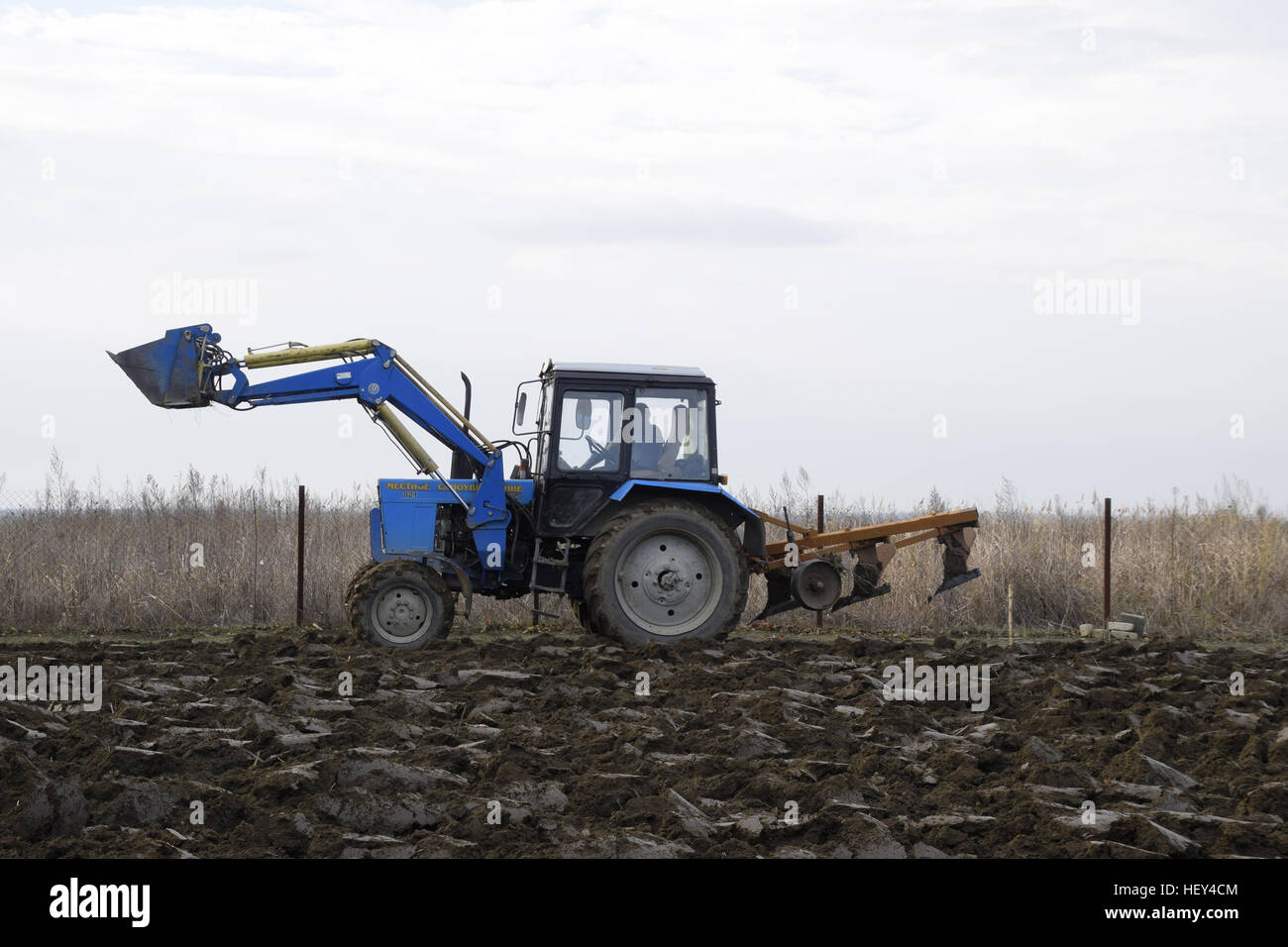 Traktor, Garten Pflügen. Pflügen den Boden im Garten Stockfotografie