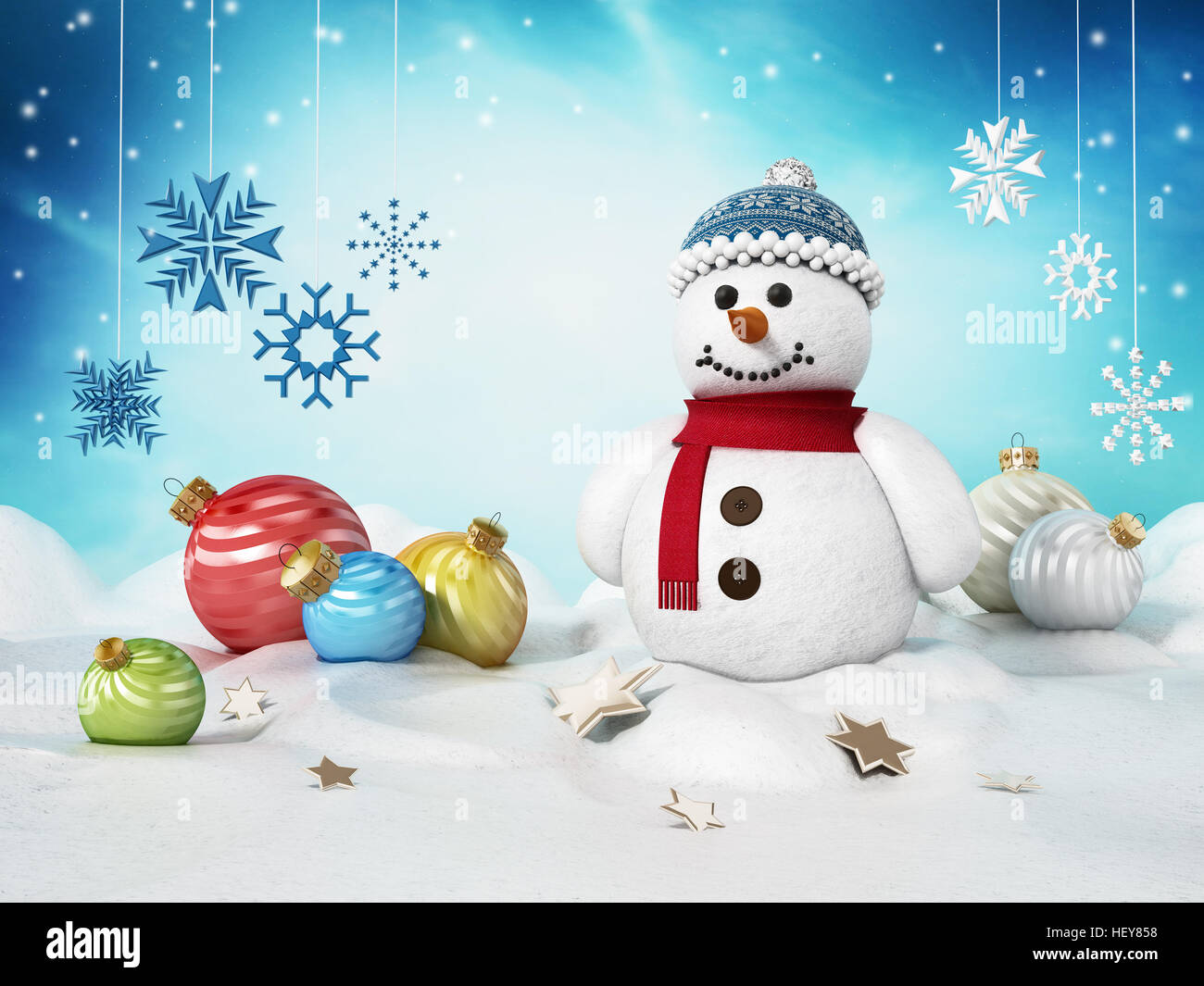 Schneemann, Weihnachtsschmuck und Schneeflocken auf Schnee. 3D Illustration. Stockfoto
