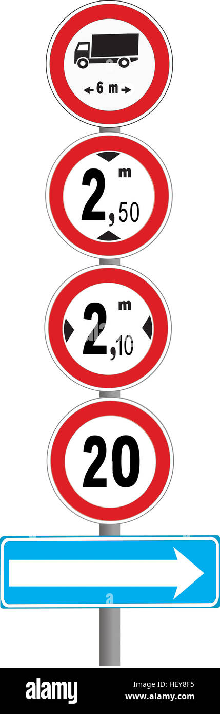 Zahlreiche Einschränkungen im Straßenverkehr durch eine Reihe von Signalen angekündigt Stockfoto