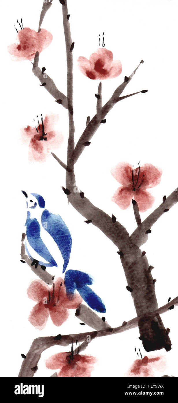 Chinesische Malerei-Aquarell. Vogel auf einem Ast Stockfoto