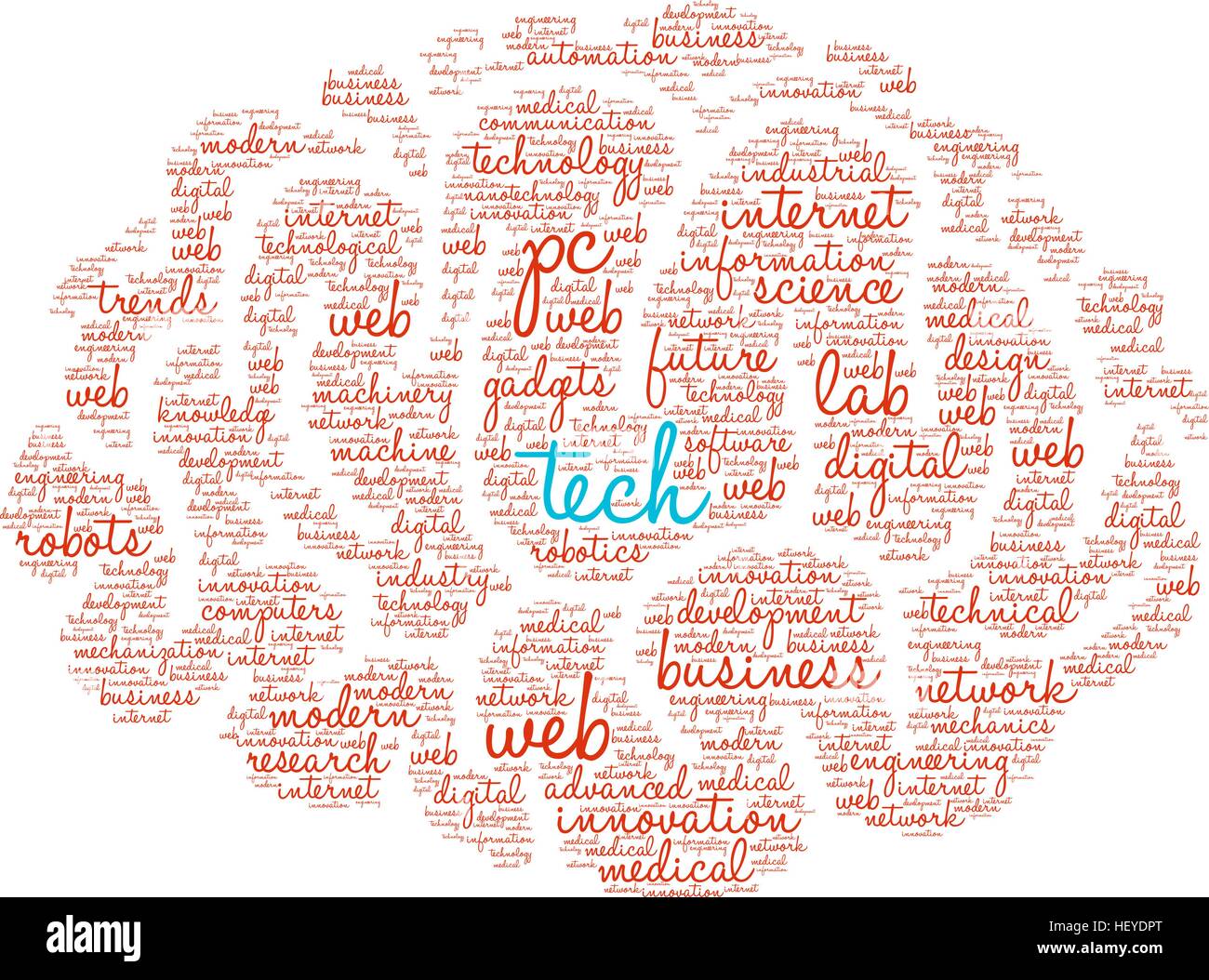 Tech-Gehirn-Wortwolke auf weißem Hintergrund. Stock Vektor