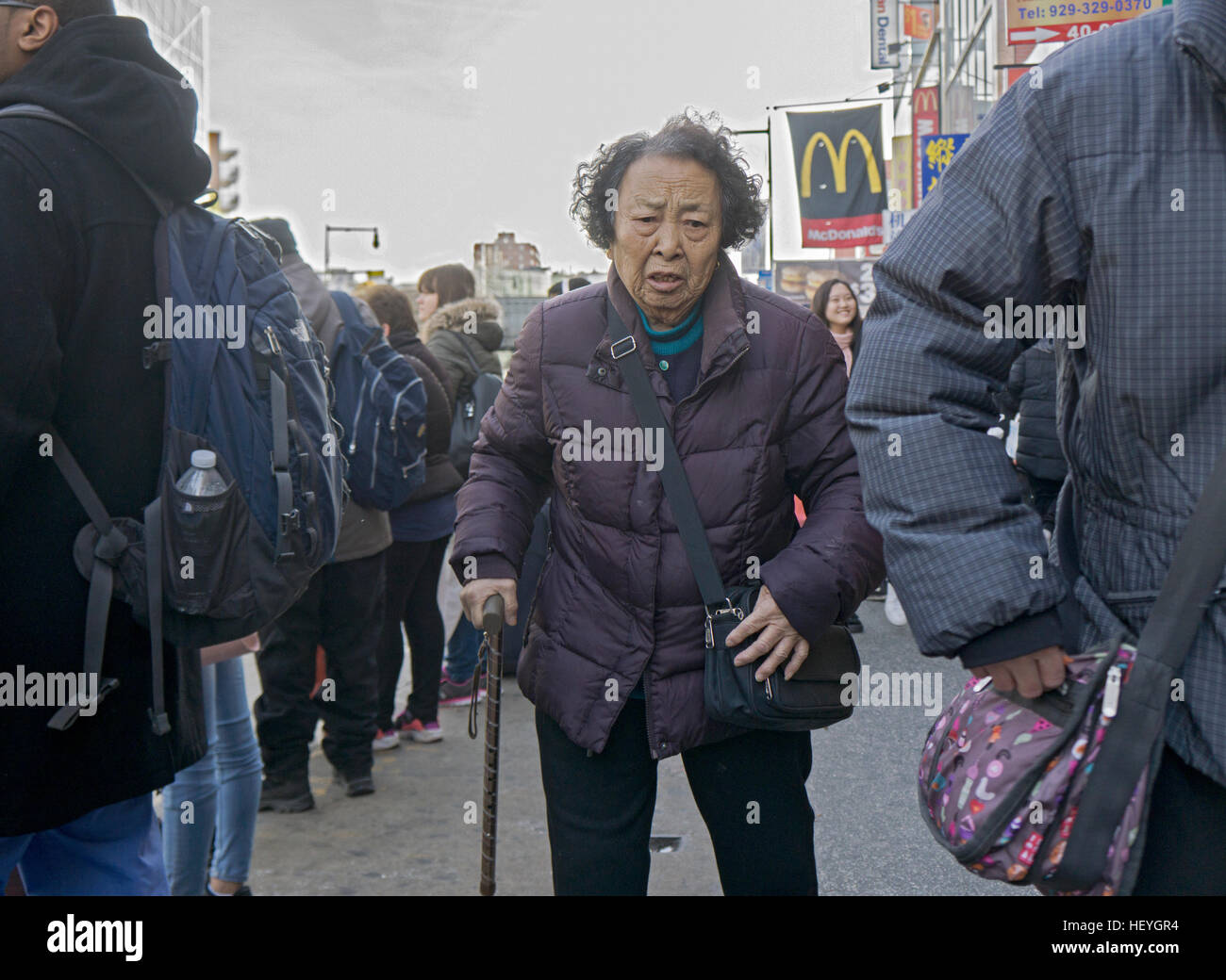 Eine ältere asiatisch-amerikanische Frau, Wandern und Shoppen in Chinatown, Downtown Flushing, Queens, New York City. Stockfoto