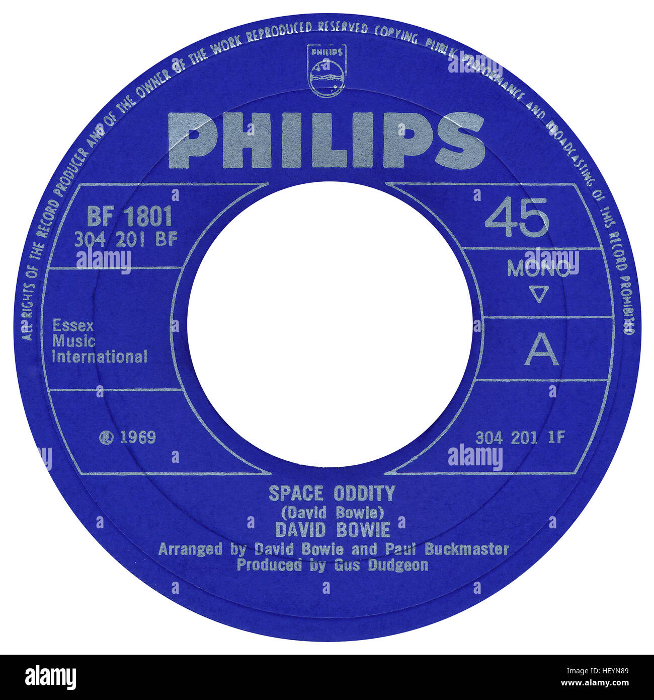 45 u/min 7' UK Plattenlabel von Space Oddity von David Bowie auf dem Philips-Label von 1969 Stockfoto