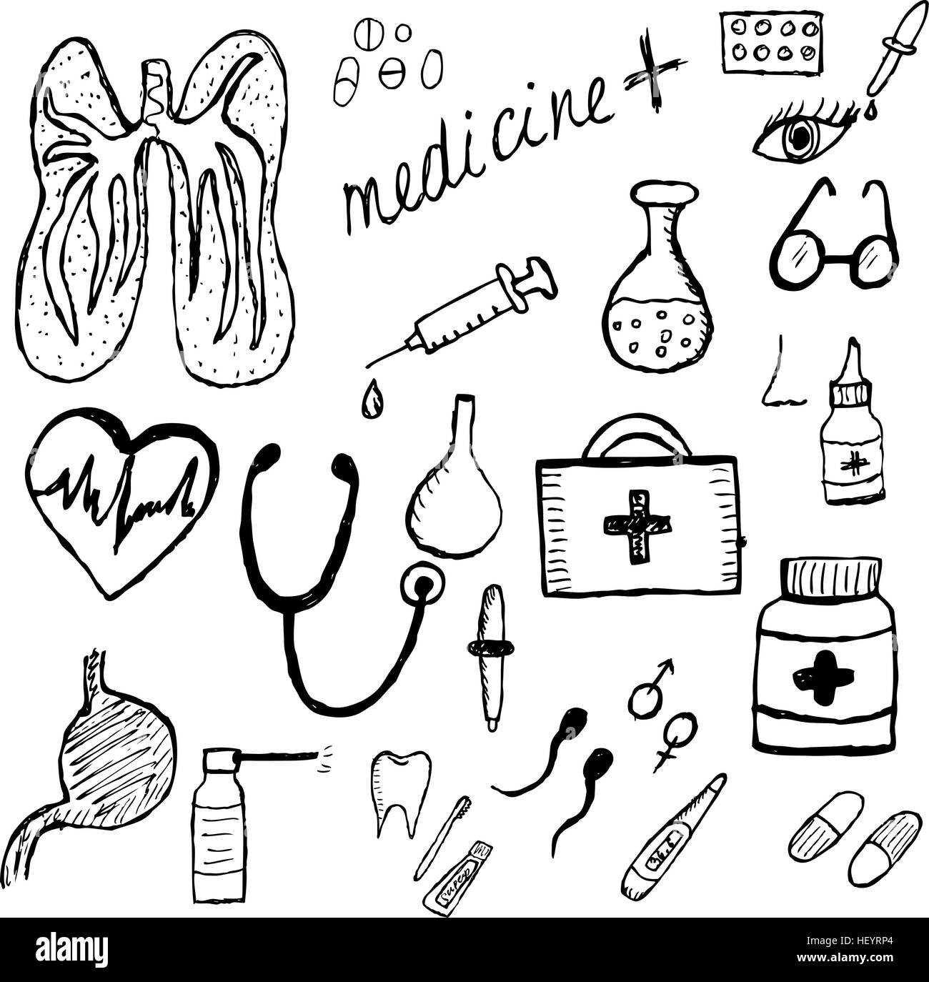 Medizinische Set Skizze, Handzeichnung Stil. Medizin-Symbole. Vektor-illustration Stock Vektor