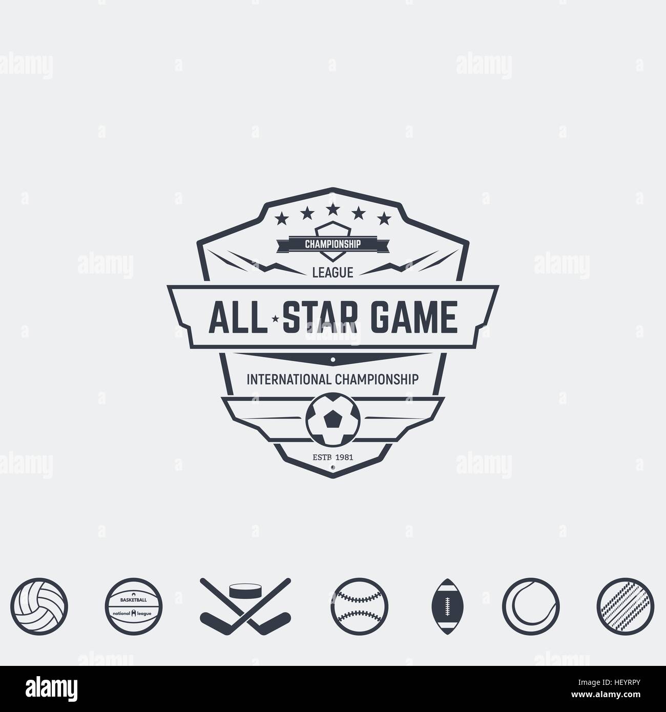 Satz von Retro-Logo und Wappen, Abzeichen und Insignien, Schilder und Etiketten für Sportmannschaften, Wettbewerbe und All-Star-Spiele. Fußball, Basketball und andere Stock Vektor