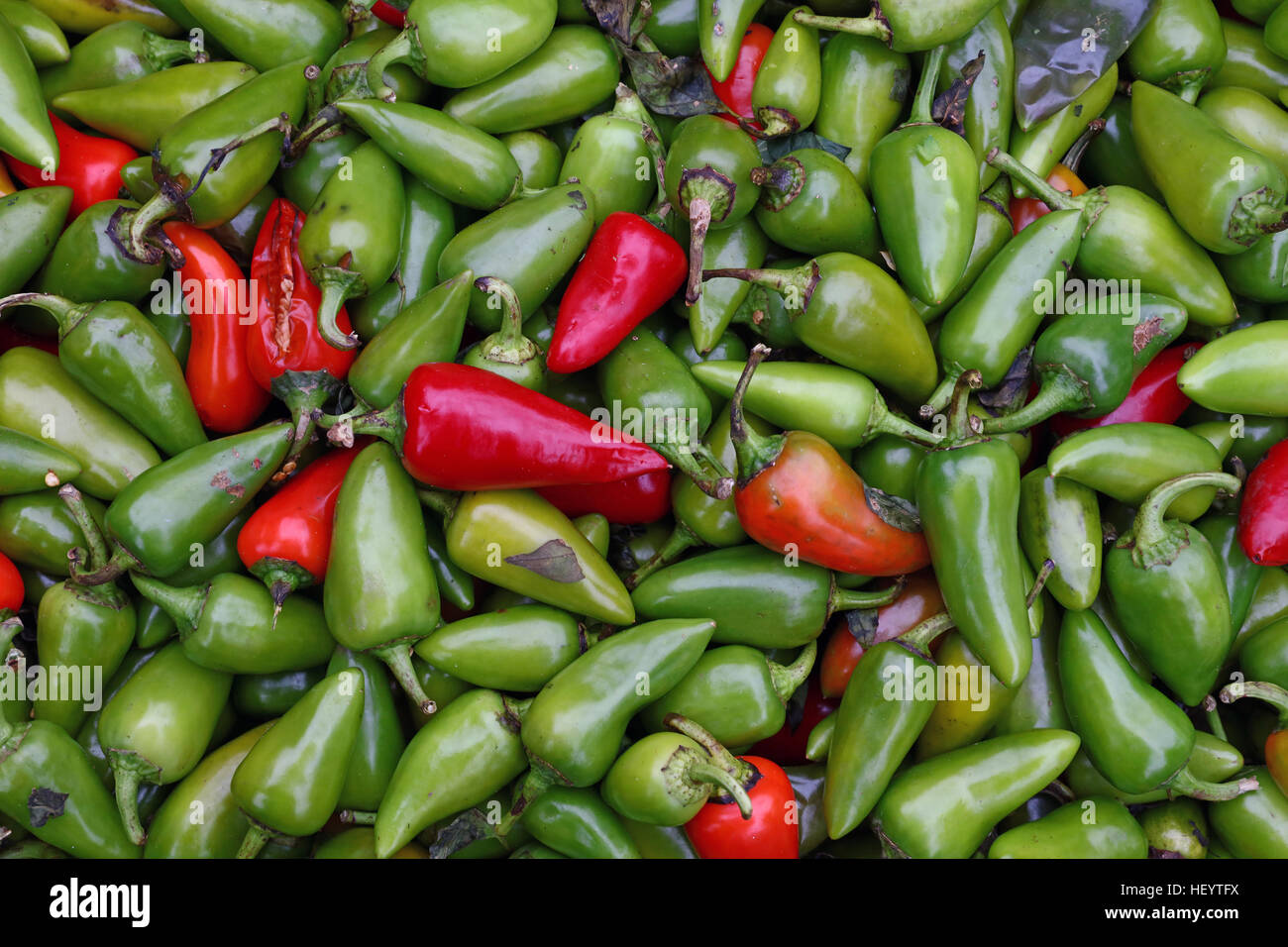 Grüne hot Jalapeno und rote Chilischoten zum Verkauf im Einzelhandel Landwirte Markt Stand Anzeige, Nahaufnahme Hintergrundmuster, erhöhten Draufsicht Stockfoto