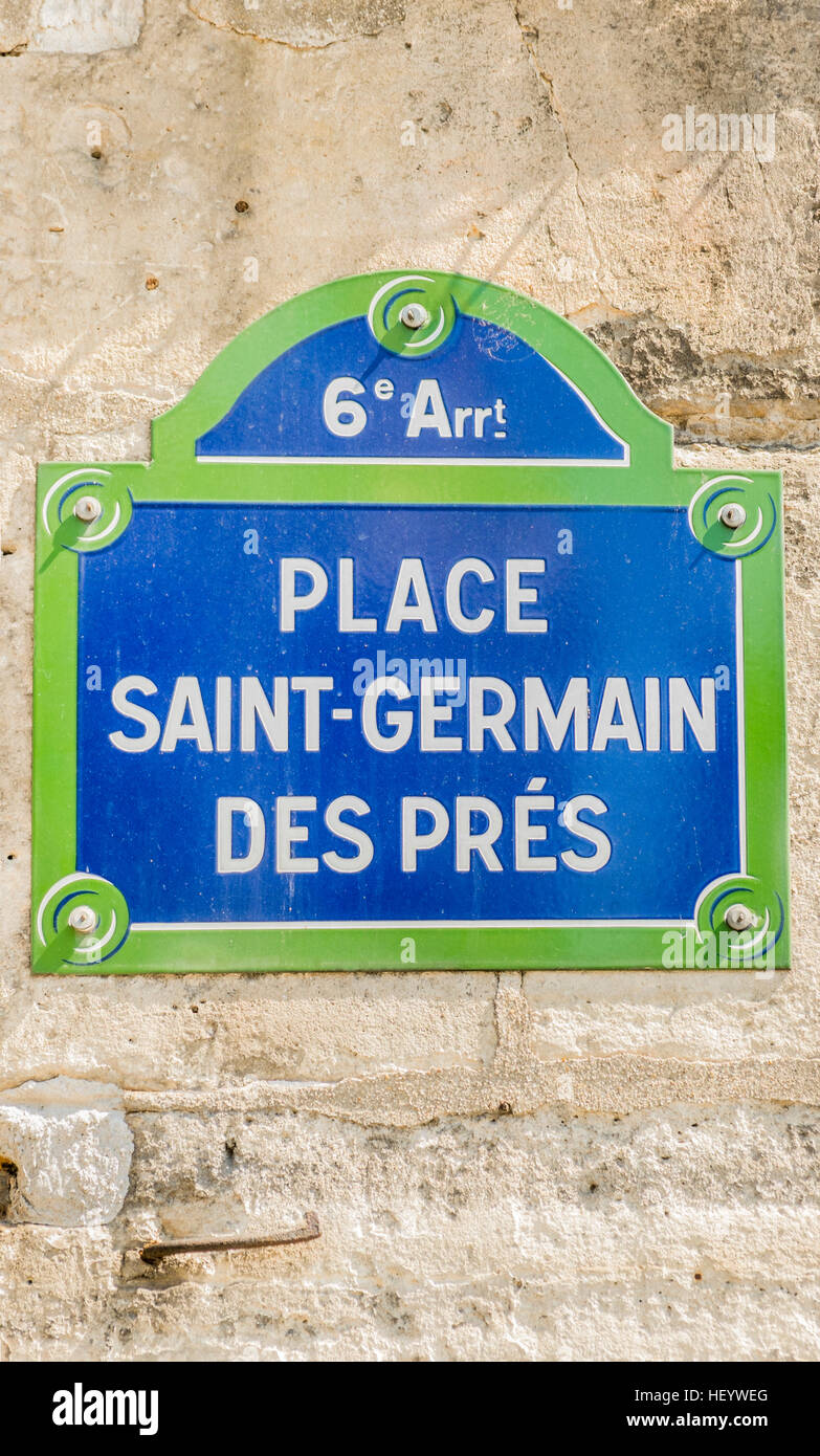 Straßenschild 6. Arrondissement, Ort Saint-Germain-des-Prés Stockfoto