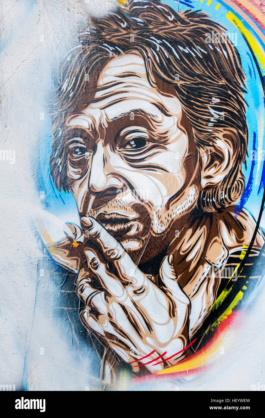 Schablone Graffito zeigt französische Komponist und Sänger Serge gainsbourg Stockfoto