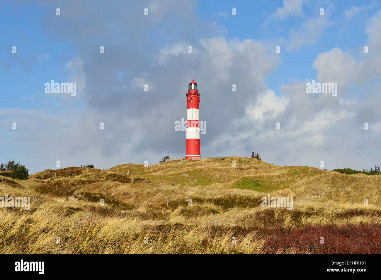 Rot-weiße Leuchtturm auf Sanddüne, Wolken, Amrum, Norden Frisia, Schleswig-Holstein, Deutschland Stockfoto