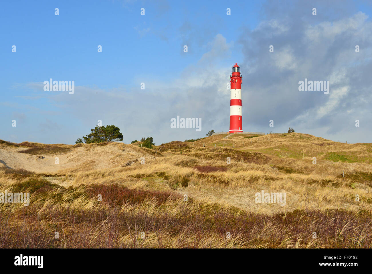 Rot-weiße Leuchtturm auf Sanddüne, Wolken, Amrum, Norden Frisia, Schleswig-Holstein, Deutschland Stockfoto