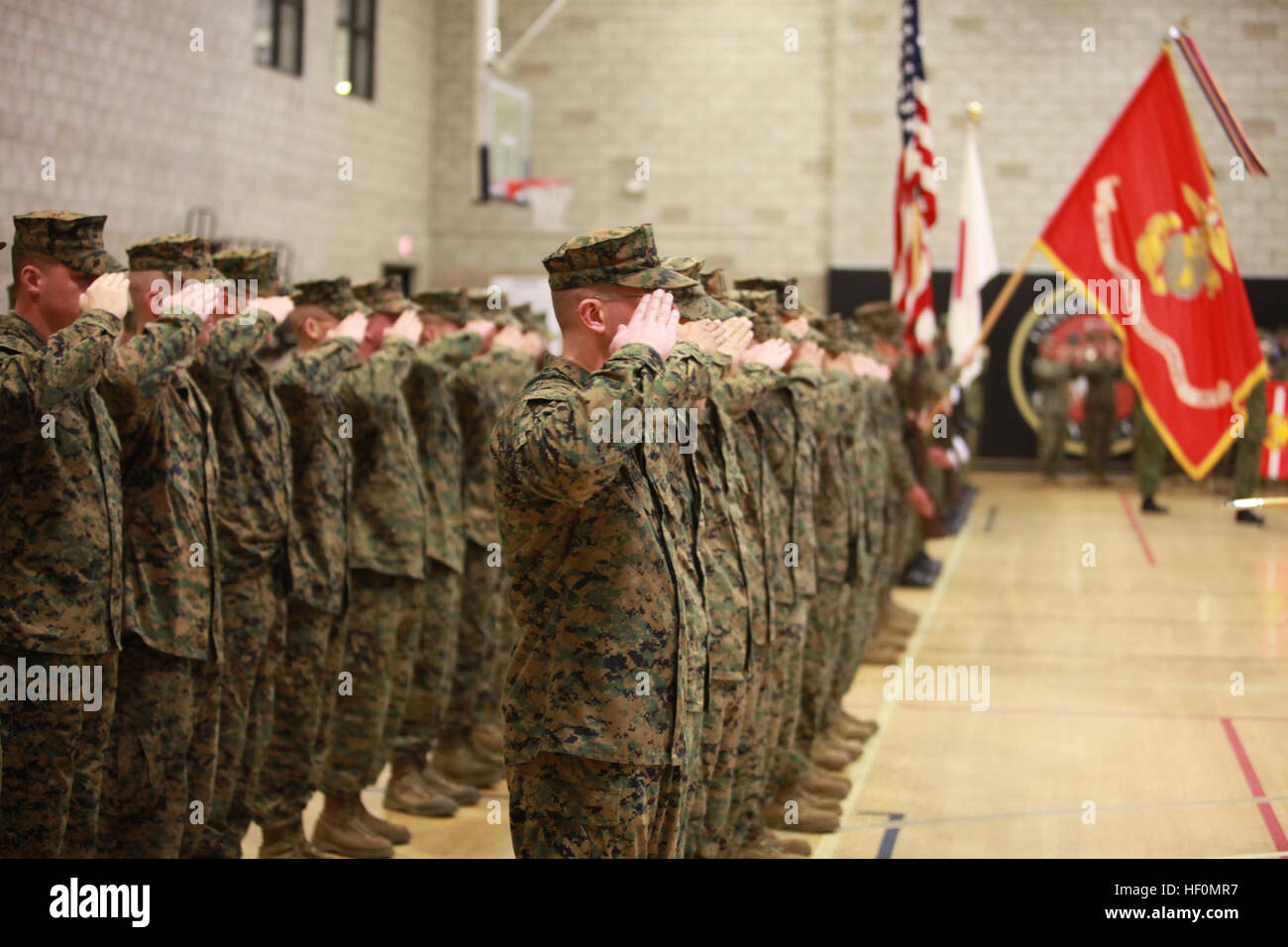 US-Marines mit dem 15. Marine Expeditionary Unit, ich Marine Expeditionary Force Gruß während der Nationalhymne bei der Eröffnungsfeier für Übung Iron Fist 2012 im Marine Corps Base Camp Pendleton, Kalifornien, 23. Januar 2012. Iron Fist ist eine dreiwöchige bilateralen Fortbildungsveranstaltung jährlich zwischen dem US Marine Corps und der Japan Ground Self-Defense Force entwickelt, um die Interoperabilität zwischen den beiden Diensten während Beihilfe die Japaner in ihrer Weiterentwicklung des amphibischen Fähigkeiten zu erhöhen. (U.S. Marine Corps Foto von Lance Cpl. Timothy Childers/freigegeben) 120123-M-VZ265-058 (67 Stockfoto