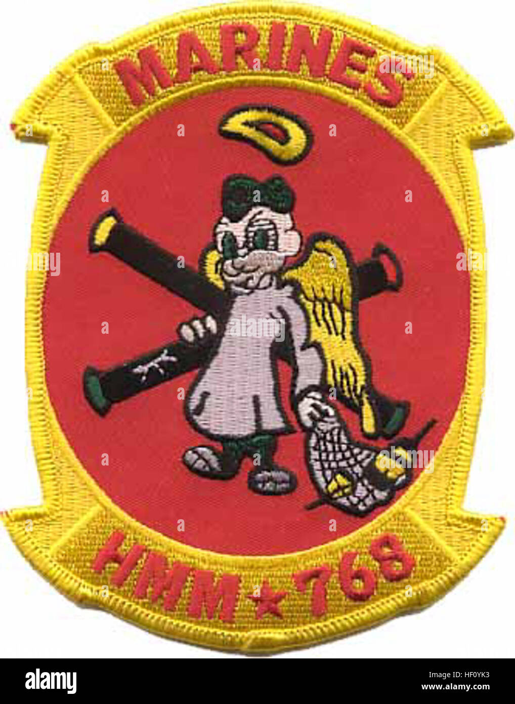 Das HMM-768-Insignia repräsentiert die Marine Medium Helicopter Squadron 768, welche die Bezeichnung und Zugehörigkeit der Einheit innerhalb der Marine Corps Aviation identifiziert. Stockfoto