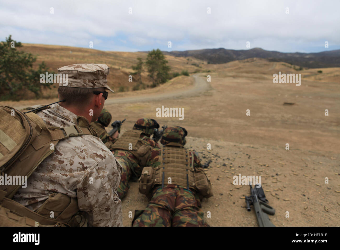 US-Marines von Charlie Kompanie, 1. Bataillon, 1. Marineregiment, 1. Marineabteilung und New Zealand Army 12. Zug, Delta Company, 1. 2. Bataillon königlichen Neuseeland Infanterie-Regiment im schießen Bohrer als Teil der Dawn Blitz 2013 im Bereich 218 in Camp Pendleton, Kalifornien, 12. Juni 2013 teilnehmen. Dawn Blitz 2013 ist eine multinationale amphibische Übung, die fördert die Interoperabilität zwischen der Marine und Marinekorps und Koalitionspartner, Juni 11-28. Teilnehmenden Ländern gehören Beobachter aus sieben Ländern, Neuseeland, Kanada und Japan. Dawn Blitz 130612-M-MF313-313 Stockfoto