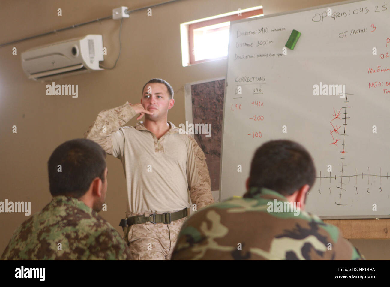 Sergeant Levi Slife, Corps Schlacht Regionalschule gemeinsamen terminal Angriff Controller, Rolle spielt mit Soldaten der afghanischen Nationalarmee während der forward Observer-Klasse natürlich Artillerie RCBS D-30 an des Lagers Regional Military Training Center, Juni 25.  Soldaten in der Artillerie-Kurs forward Observer-Klasse lernen, wie man feindliche Ziele weit von freundlichen Zeilen zu finden und Relais, dass Informationen zum Brand Richtung Zentrum, so dass die Soldaten auf die Gun-Linie effektiv abfeuern können. Der Artillerie-Kurs, die auch Gun-Linie und Feuer Richtung Zentrum Ausbildung, ist ein Neuzugang in Stockfoto