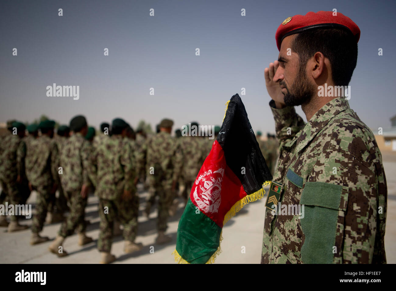 Ein Afghan National Army-Offizier mit dem 215. Corps begrüßt Verabschiedung Truppen während einer Zeremonie zum Gedenken an die 94. Geburtstag Afghanistans Unabhängigkeit von Großbritannien am Camp Shorabak, Provinz Helmand, Afghanistan, 19. August 2013. (DoD Foto von Sgt. Tammy K. Hineline, US Marine Corps/freigegeben) 130819-M-RF397-249 (9570687188) Stockfoto
