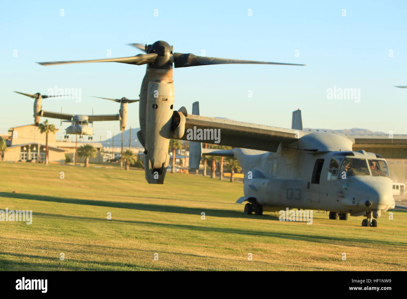 Die Marine Aviation Weapons and Tactics Squadron 1 führt im Combat Center eine Evakuierungsübung durch, bei der die Marines für die sichere Evakuierung von Zivilisten mit MV-22 Ospreys und CH-53 Superhengsten ausgebildet werden, um die Einsatzbereitschaft und die Einhaltung der Trainingsanforderungen zu gewährleisten. Stockfoto