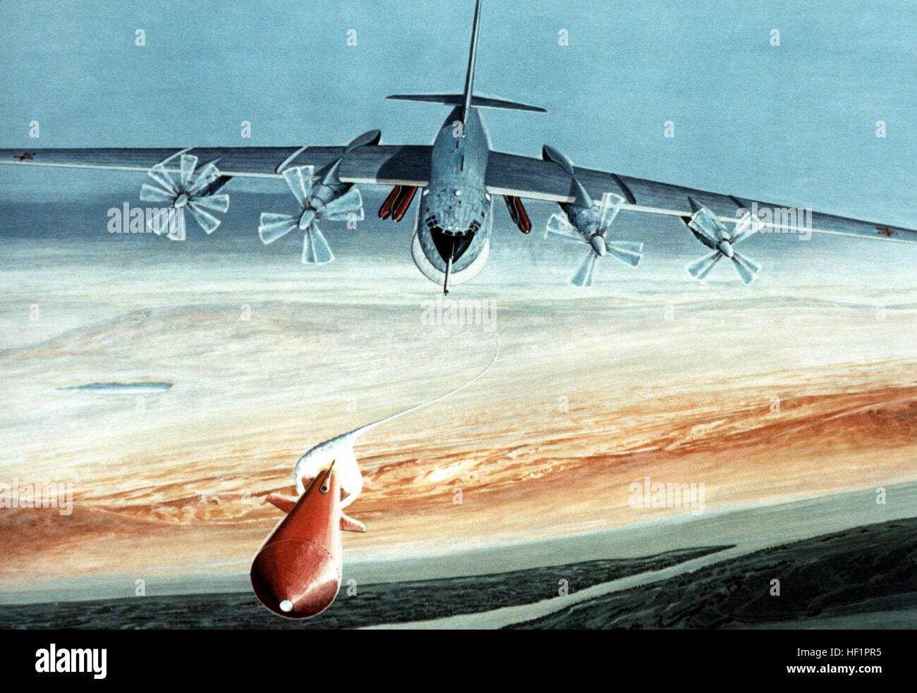 Konzept des Künstlers eine sowjetische Tu-20 Bear-H Flugzeuge starten eine AS-15-Marschflugkörper.  Von sowjetischen Militärmacht 1985. Tupolew Tu-95 startende Kh-55 Raketen (von SMP) Stockfoto