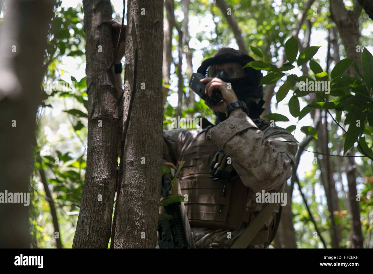 CPL Jonathan T. Stark, gibt aus Coulterville, Illinois, einen Befehl über ein Radio 27. August bei militärischen Operationen im urbanen Gelände Ausbildung an den zentralen Trainingsbereich auf Okinawa, Japan. MOUT ist Kampf in verstädterten Gebieten, wie Städte oder Städte durchgeführt. Häuserkampf unterscheidet sich vom Kampf in einem offenen Bereich auf taktischer und operativer Ebene. Stark ist ein Schütze mit 1. Bataillon, 3. Marine Regiment, derzeit 4. Marine Regiment, 3. Marineabteilung, III. Marine Expeditionary Force, unter der Einheit-Deployment-Programm zugewiesen. (U.S. Marine Corps Foto von Pfc. Cedric R. H Stockfoto