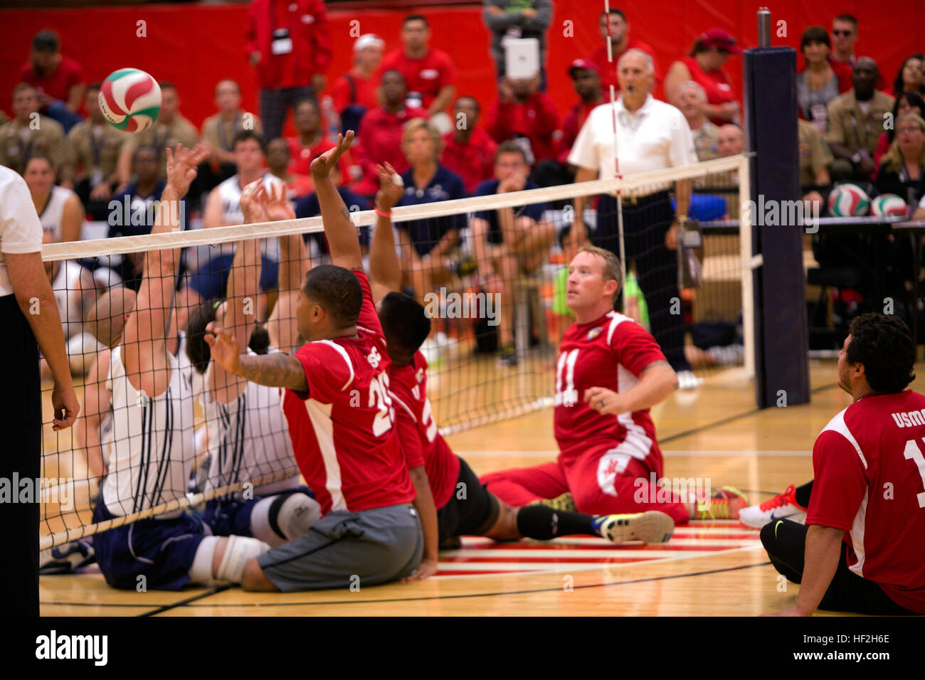 Die Marine-Team-spielen gegen die Marine während sitzen Volleyball bei 2014 Krieger spielen, 28 September, am Olympic Training Center, Colorado Springs, Colorado. Die Marine-Teams haben trainiert seit 15.September um Zusammenhalt des Teams aufzubauen und zu akklimatisieren, um die oben genannten 6.000 ft Höhe von Colorado Springs. Das Marine-Team besteht aus aktiven Dienst und Veteran Verwundete, Kranke und verletzte Marines, die befestigt sind oder von den Verwundeten Krieger Regiment unterstützt, die offizielle Einheit des Marine Corps angeklagt umfassende Wiederherstellung von nicht-medizinische Versorgung, Verwundete, Kranke und verletzte Stockfoto