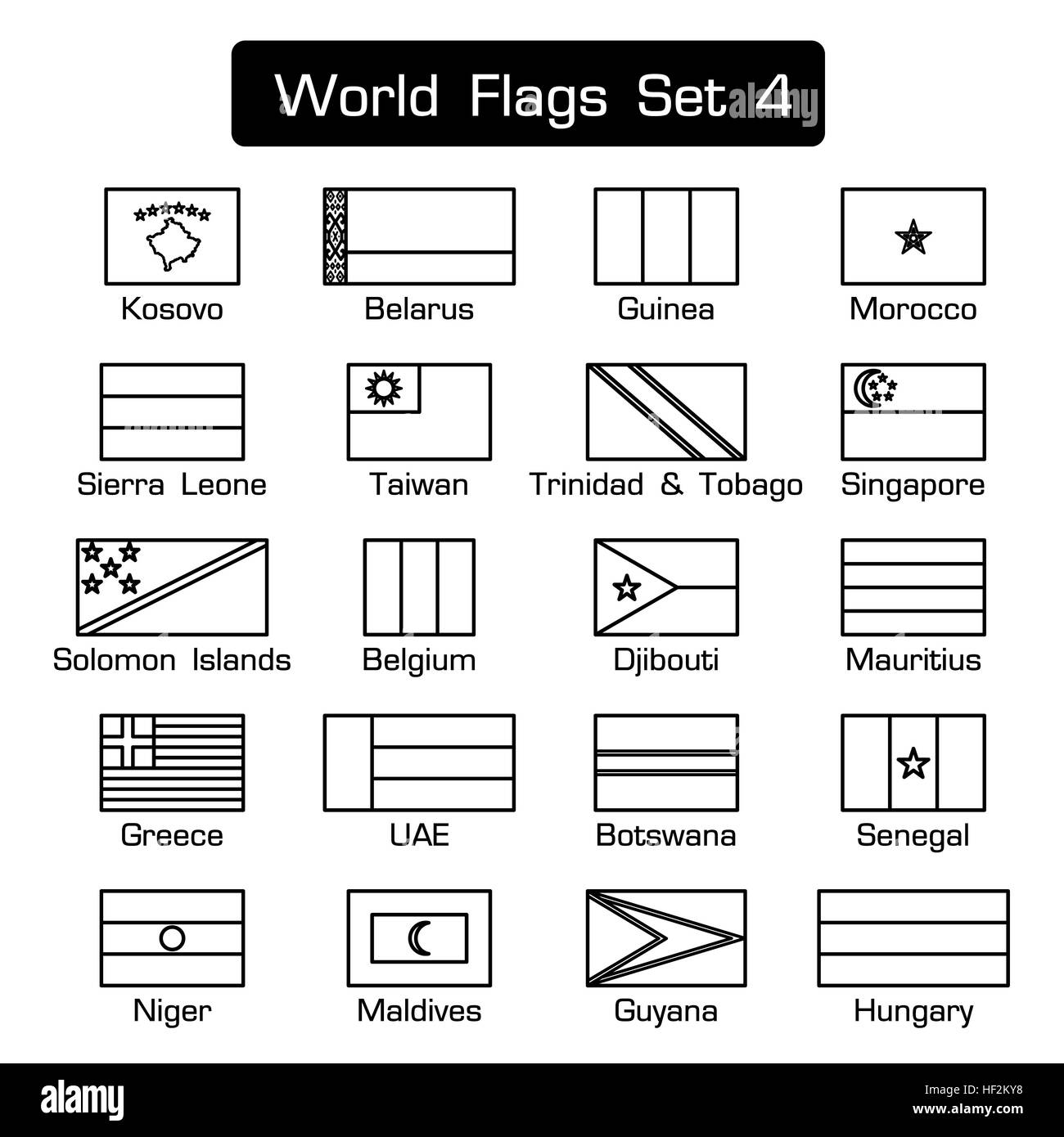 Flaggen der Welt setzen 4. einfachen Stil und flache Bauweise. dicken Umriss. Stockfoto