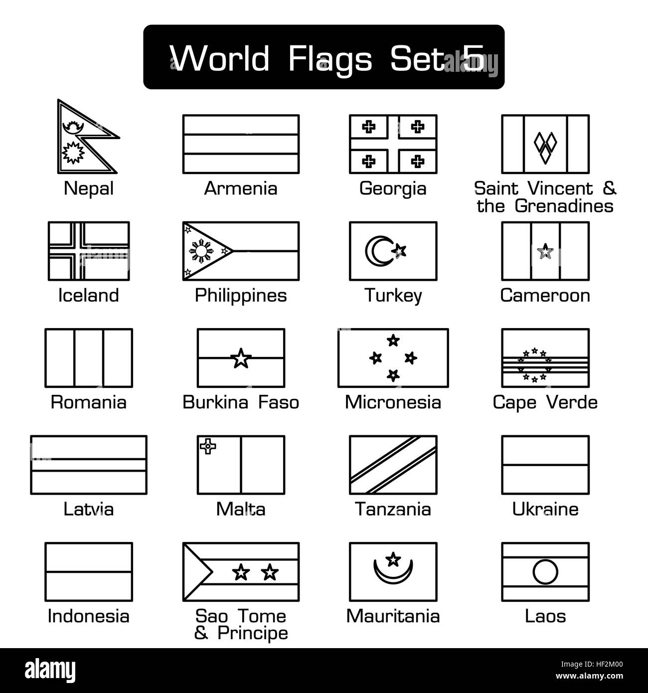 Flaggen der Welt gesetzt 5. einfachen Stil und flache Bauweise. dicken Umriss. Stockfoto