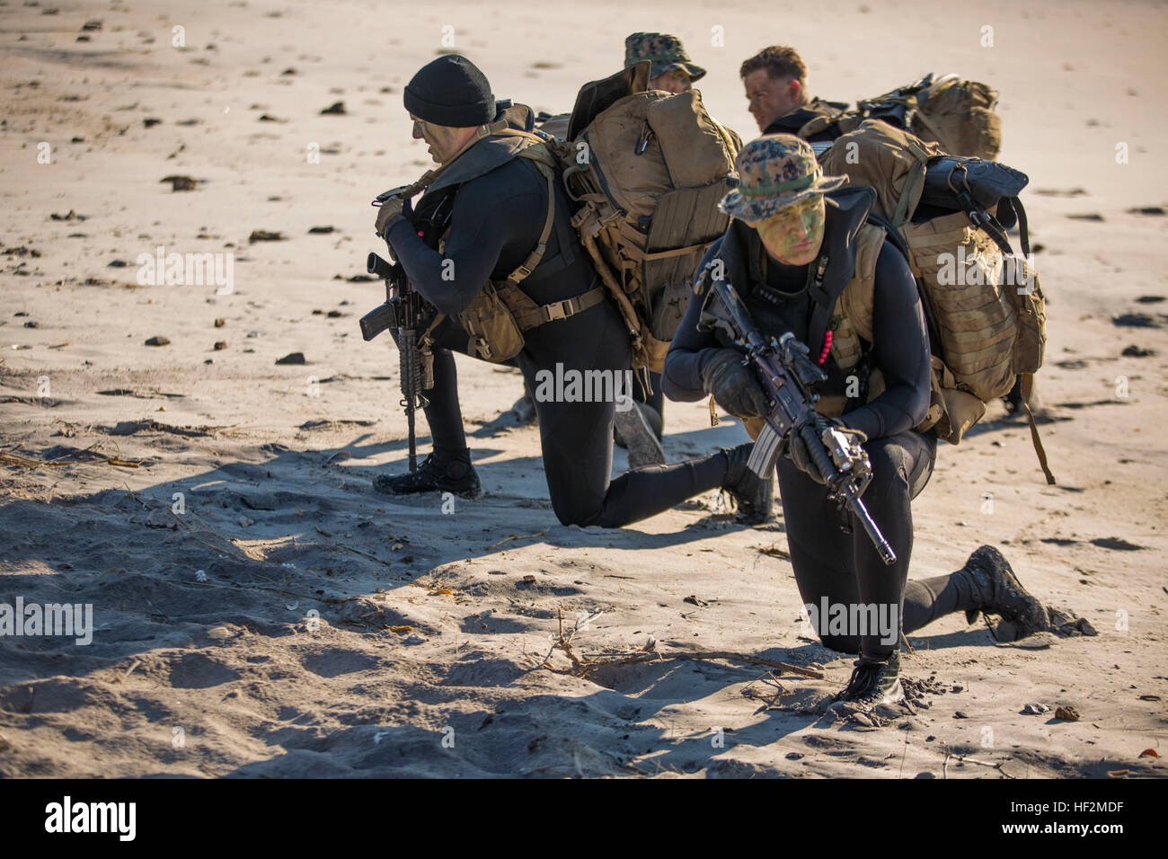 Marines mit 2. Aufklärungs-Bataillon, 2. Marine-Division bieten Sicherheit nach der Landung am Onslow Beach, NC, während der Strand Vorgänge Ausbildung an Bord Camp Lejeune, North Carolina, 4. November 2014, im Rahmen der Übung Bold Alligator 14. Mutige Alligator 14 ist eine Szenario-driven Übung zur Verbesserung Marine amphibious Kernkompetenz, Kompetenz in Operationen, die von ausländischen Katastrophenhilfe bis hin zu begrenzte Kraft Eintrag zu erhöhen und Interoperabilität mit den Koalitionstruppen wachsen zu helfen. (Foto: U.S. Marine Corps CPL James R. Smith/freigegeben) Mutige Alligator 2014 bewegt sich an Land für Strand Operationen traini Stockfoto