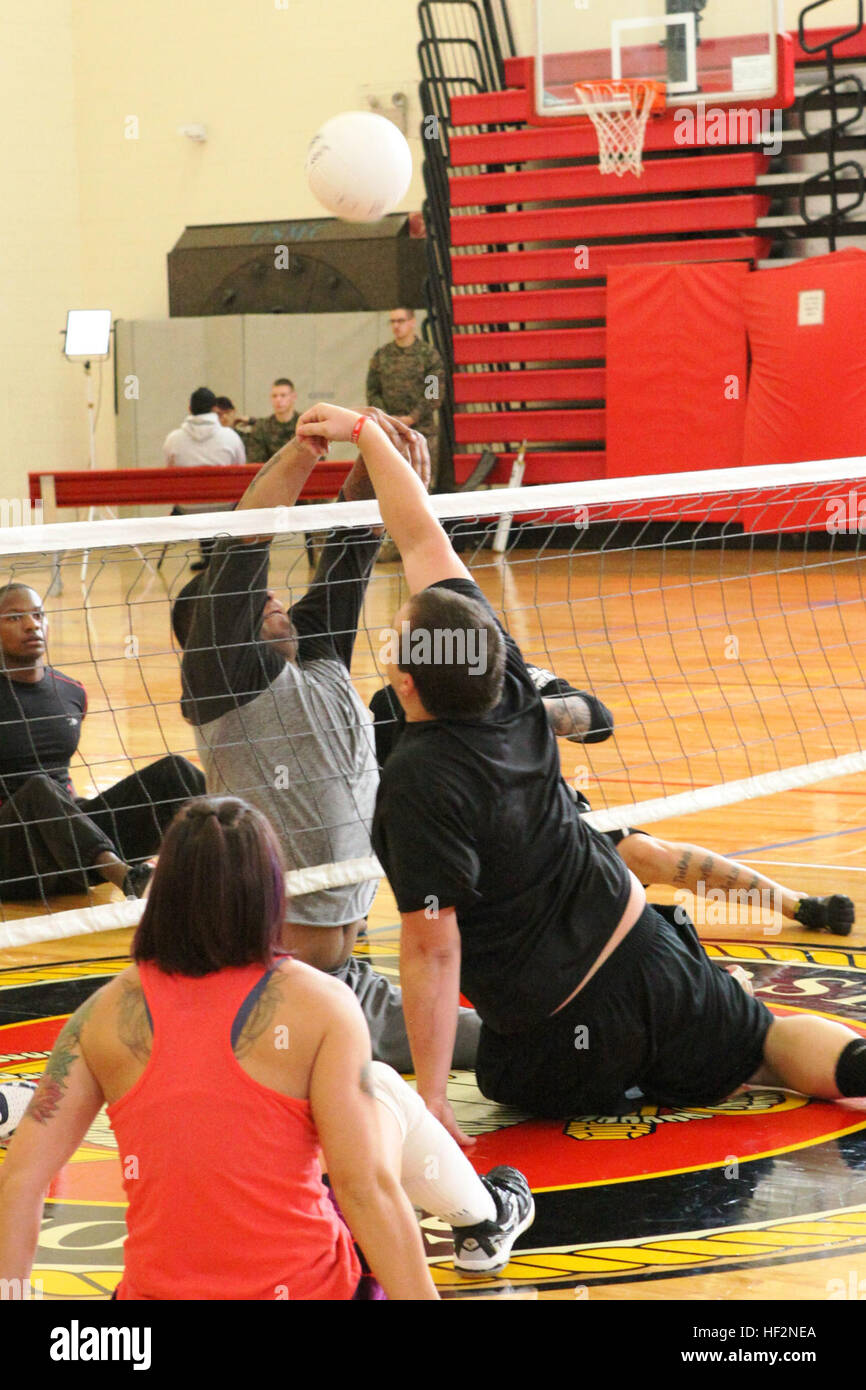 Marine Veteranen CPL. Jorge Salazar und Lance Cpl. Zach Blair kämpfen um den Ball wie sie beteiligen sich an den Verwundeten Krieger Regiment sitzen Volleyball Klinik vor dem gemeinsamen Dienstleistungen sitzen Volleyballturnier die 20. November 2014 im Pentagon Athletic Center in Anerkennung Krieger Care Monat stattfinden wird.  Das diesjährige Thema für Krieger Care Monat ist "Show of Strength" und verschiedene Arten der Rehabilitation zu fördern, die Verwundeten, Kranken und verletzten Service Mitglieder Erholung unterstützen soll. Verwundeten Krieger Regiment führt sitzen Volleyball Camp für Krieger Care Monat 141118-M-XU3 Stockfoto