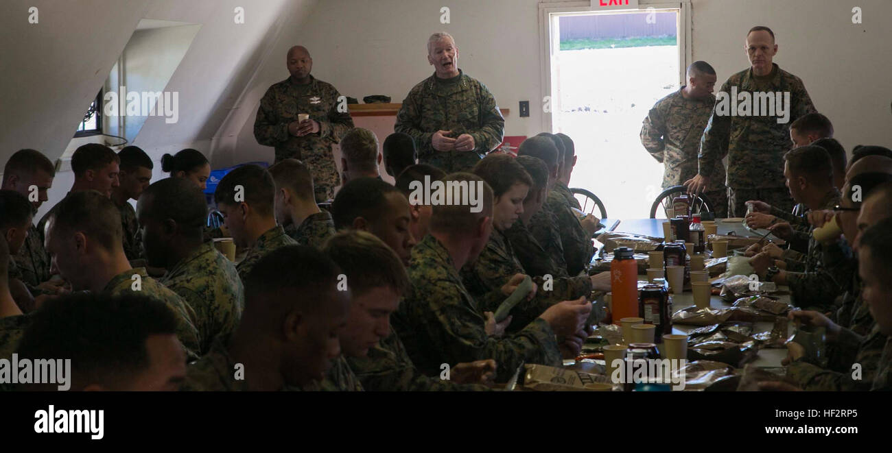 Generalleutnant John A. Toolan spricht junior Marines und Matrosen Jan. 10 während des Trainings Lava Viper 15,1-2 auf Hawaii, Hawaii. Der General besuchte die Gegend um das Training zu beobachten und die Soldat innen Worte der Ermutigung zu geben. Toolan ist der Kommandant der Marine Forces Pacific. (U.S. Marine Corps Foto von CPL. Devon Tindle/freigegeben) Generalleutnant Toolan Besuche Lava Viper Übung 150111-M-XW268-121 Stockfoto