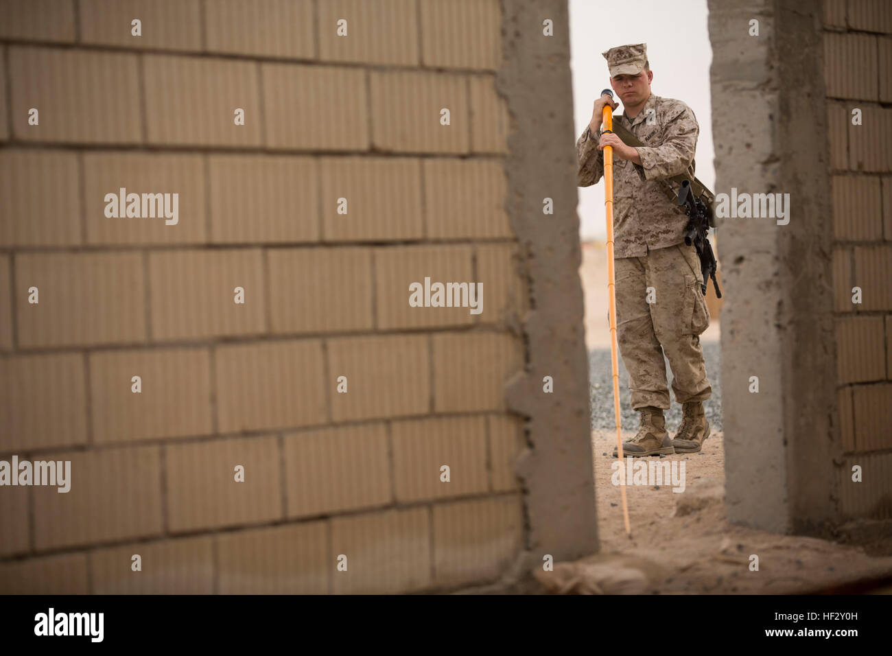 Lance Cpl. Gregory Wilt, Kampfingenieur mit Battalion Landing Team 3. Bataillon, 6. Marine Regiment, 24. Marine Expeditionary Unit (MEU), verwendet ein Holly Stick um Drähte zu improvisierten Sprengkörpern und Sprengfallen in Counter-IED-Ausbildung bei Camp Buehring, Kuwait, 14. Februar 2015 zu finden. Eine Kontingent von MEU Marines ist an Land in Kuwait als Teil der geplanten Sustainment Ausbildung. Die 24. MEU ist auf den Schiffen der Iwo Jima amphibisches bereit Gruppe in Angriff genommen und eingesetzt, um die Aufrechterhaltung der regionalen Sicherheit in den USA 5. Flotte Einsatzgebiet. (Foto: U.S. Marine Corps CPL. Todd F. Michalek / Stockfoto