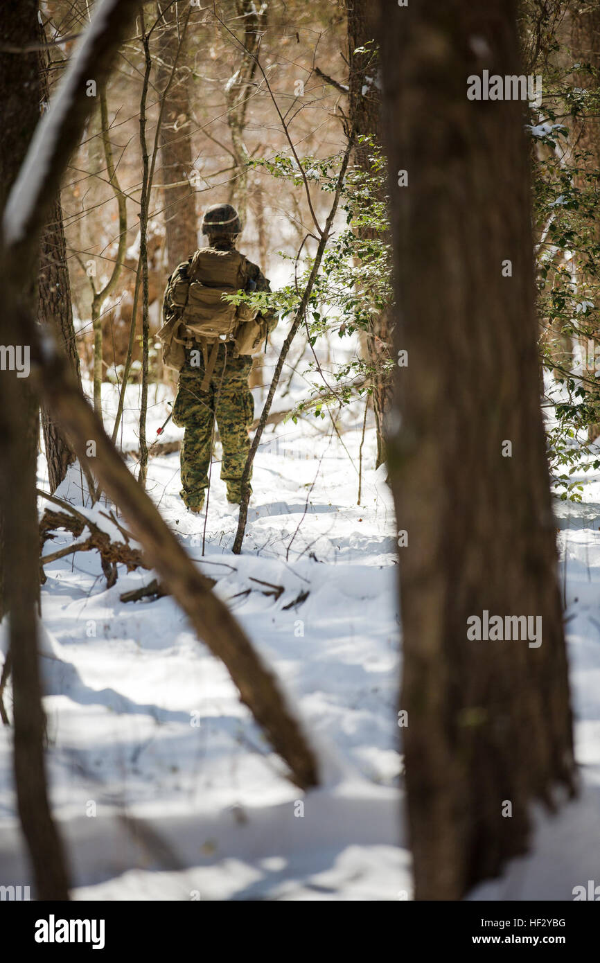 Ein US-Marine mit Alpha Company, 1. Bataillon, 8. Marine Regiment, 2. Marine Division (MARDIV), beteiligt sich an eine zwei Kilometer lange Patrouille während der Bereitstellung für die Übung auf der Marine Corps Base Quantico, Virginia, 18. Februar 2015. Die Übung auf Stabilisierungsoperationen und diverse Trainingsmissionen konzentriert. (Foto: U.S. Marine Corps Lance Cpl. Kelly L. Street, 2D MARDIV Bekämpfung der Kamera/freigegeben) 1-8 Marines Bereitstellung für Training Übung 150218-M-OU200-012 Stockfoto