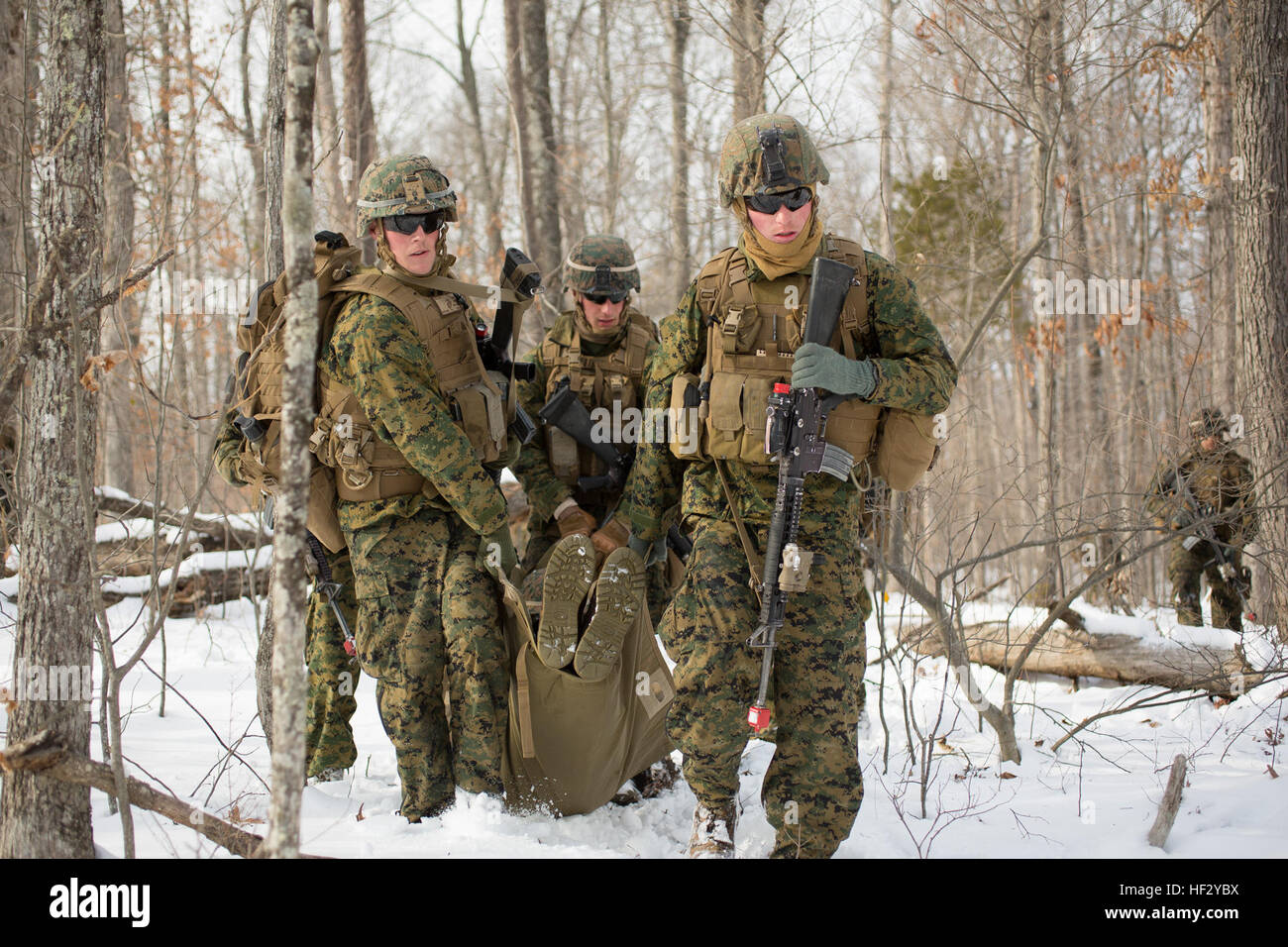 US-Marines mit Alpha Company, 1. Bataillon, 8. Marine Regiment, 2. Marine Division (MARDIV), durchführen einen Unfall-Evakuierung-Bohrer während eine zwei Kilometer lange Wanderung während der Teilnahme an einer Bereitstellung für die Übung auf der Marine Corps Base Quantico, Virginia, 18. Februar 2015. Die Übung auf Stabilisierungsoperationen und diverse Trainingsmissionen konzentriert. (Foto: U.S. Marine Corps Lance Cpl. Kelly L. Street, 2D MARDIV Bekämpfung der Kamera/freigegeben) 1-8 Marines Bereitstellung für Training Übung 150218-M-OU200-040 Stockfoto